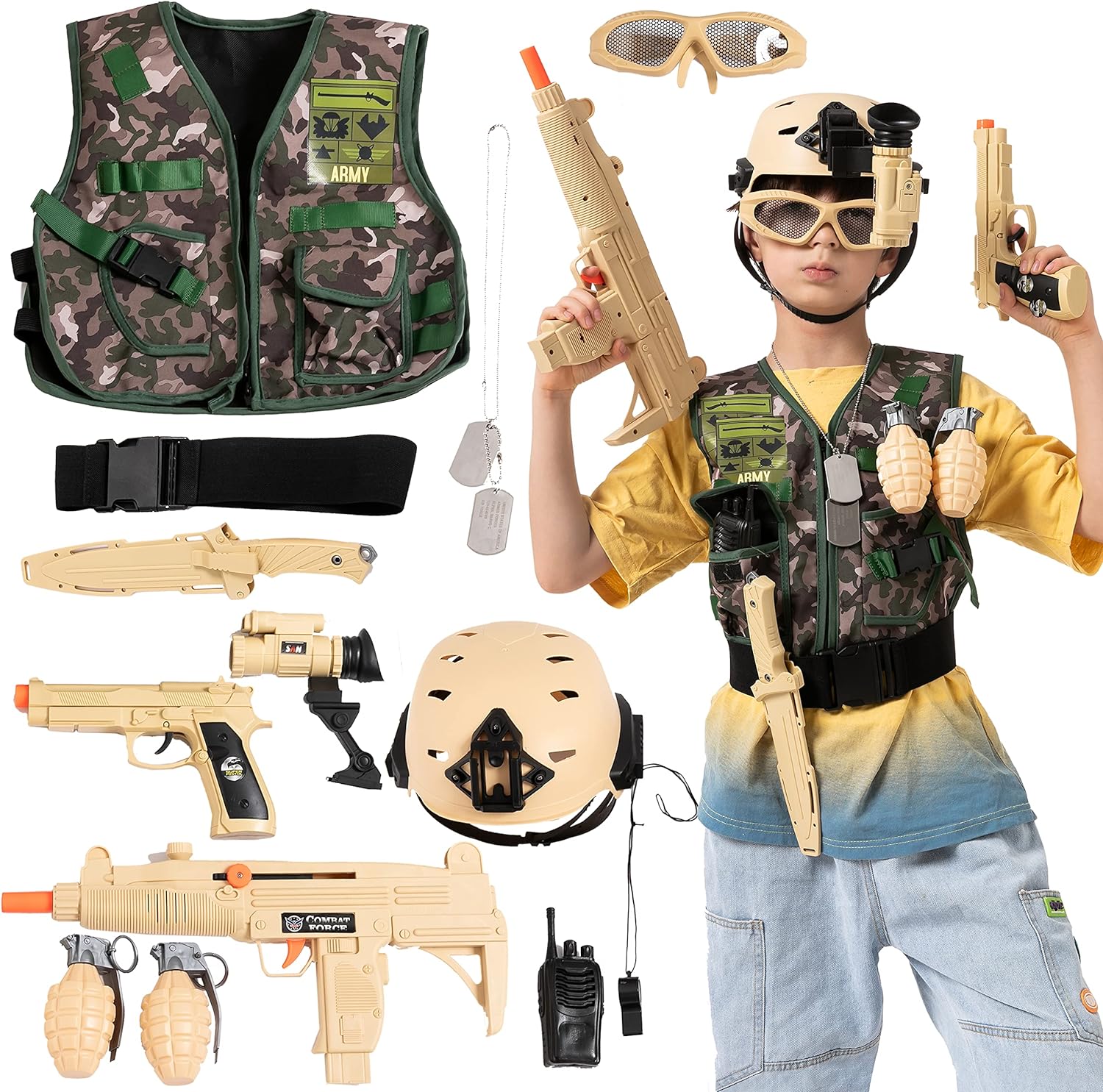 JOYIN 12 Pcs Army Costume Soldier Military Combat Marines Accessories Set for Halloween Costume Cosplay, Soldier Role Play Set for Kids, Deluxe Camouflage Dress Up and Birthday