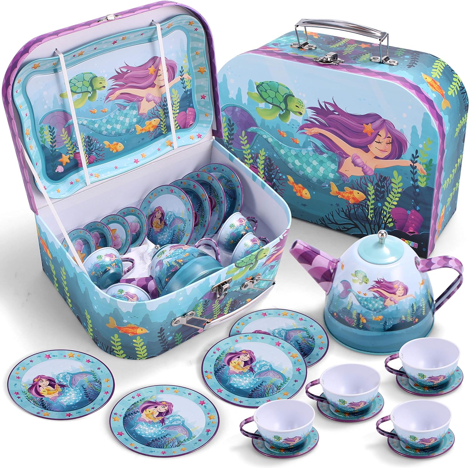 JOYIN Mermaid Tea Party Set for Little Girls, Pretend Tin Teapot Set, Princess Tea Time Play Kitchen Toy with Cups, Plates and Carrying Case for Birthday Easter Gifts Kids Toddlers Age 3 4 5 6