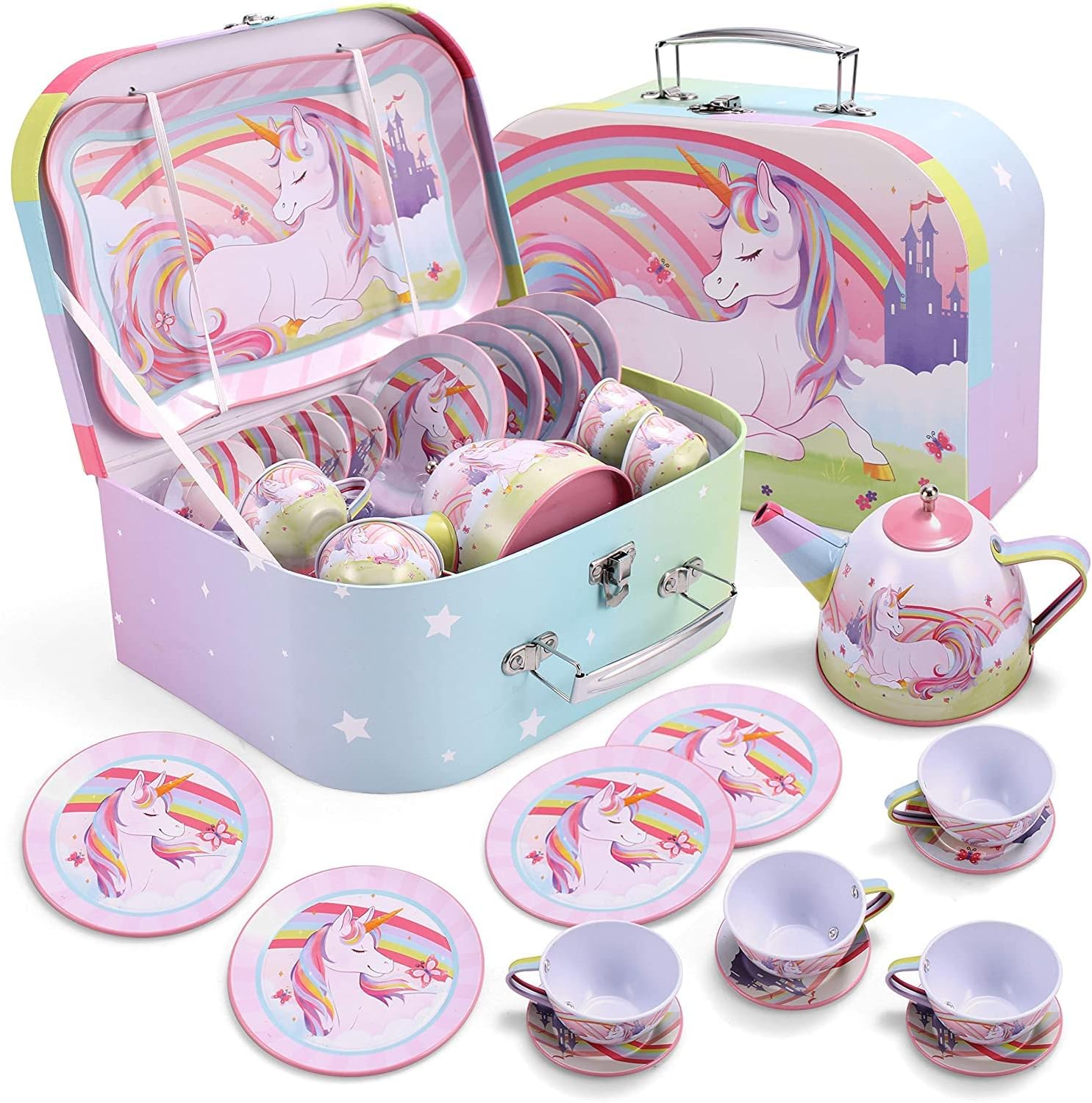 JOYIN Unicorn Castle Tea Set for Toddlers, Pretend Tin Teapot Set for Girls, Princess Tea Party Set Kitchen Toy with Teapot, Cups, Plates and Carrying Case for Birthday Gifts Kids Toddlers Age 3 4 5 6