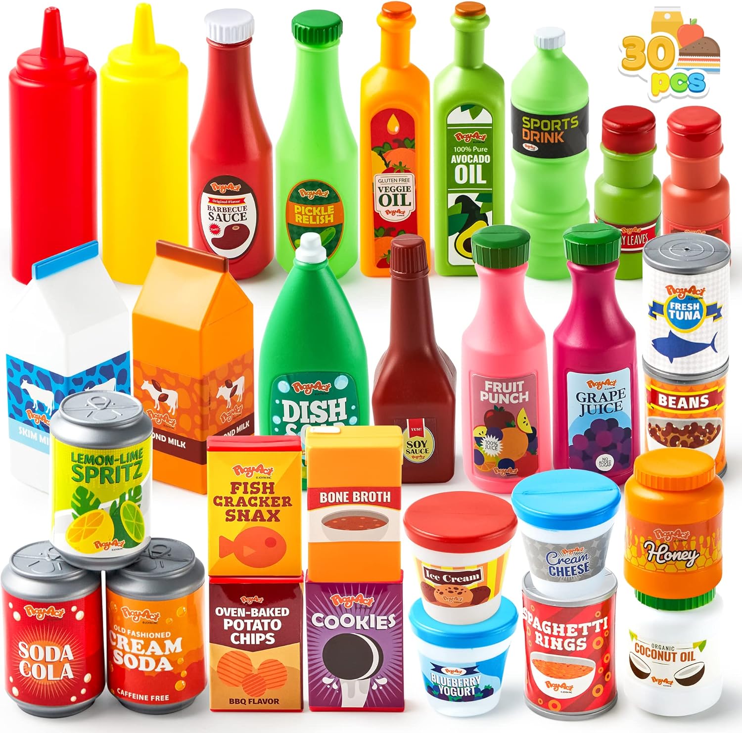 JOYIN 30Pcs Play Food Grocery Cans, Play Kitchen Accessories, Includes Drink, Juice, Jar, Seasoning, Water Bottle, Sauce, Yogurt, Ice Cream, Snack Box, Kids Gifts & Indoor Toys