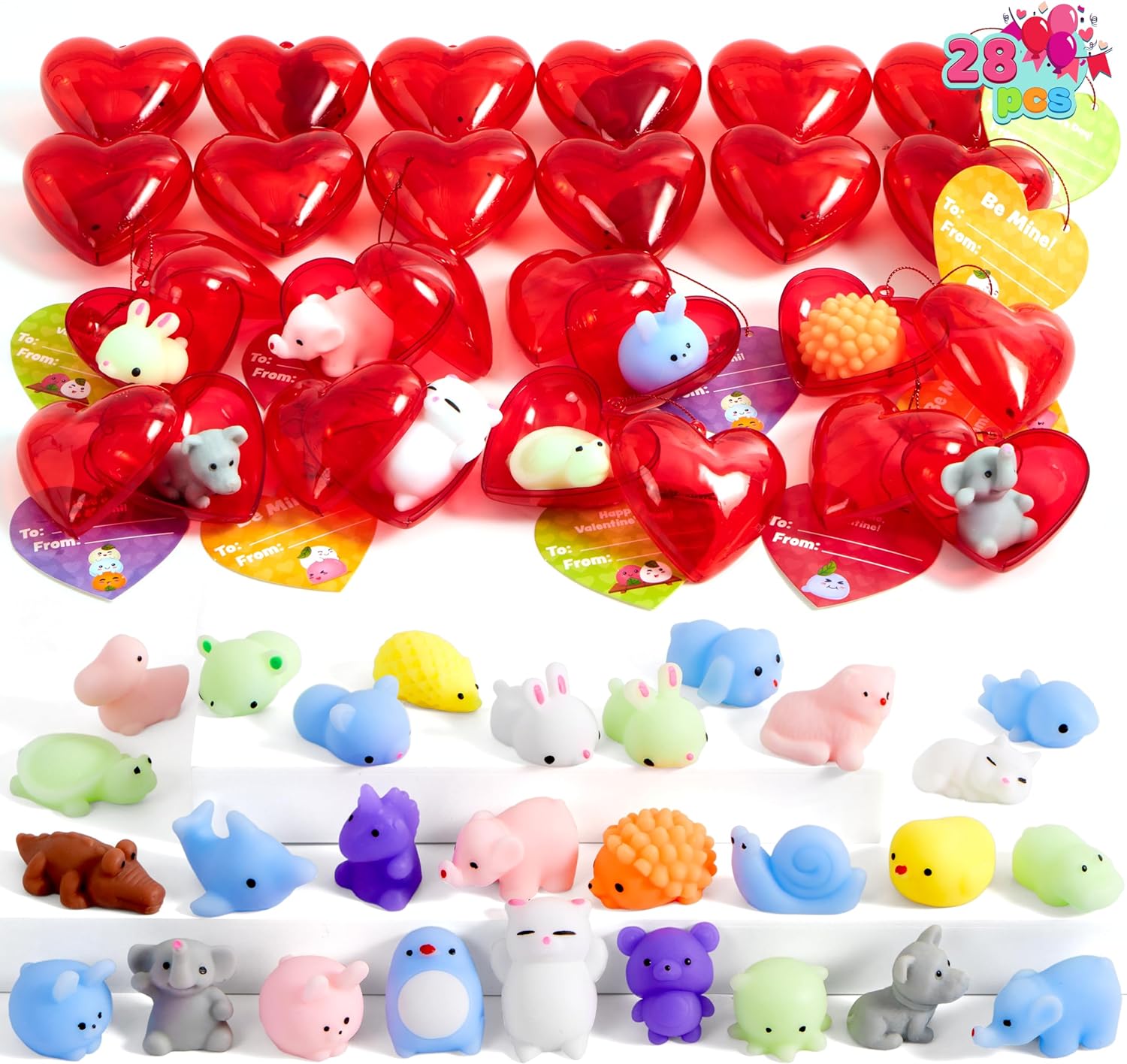 JOYIN 28 Mochi squishy toys Filled Hearts and Valentine Cards for Kids Valentine Classroom Exchange Party Favors, Kawaii Stress Relief Toys for Valentine Gift Exchange, Game Prizes and Carnivals Gift