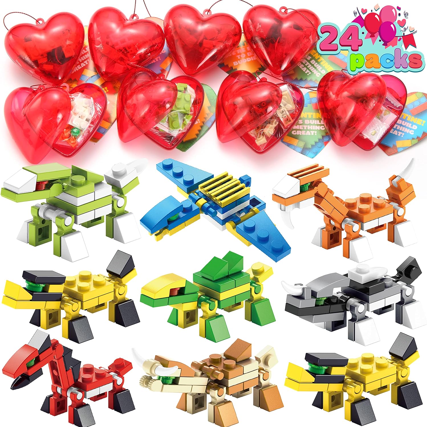 JOYIN 24 Packs Valentines Day Cards with Dinosaur Building Blocks and Prefilled Hearts for Valentine Party Favor, Classroom Exchange Prize Supplies, Valentines Day Greeting Cards