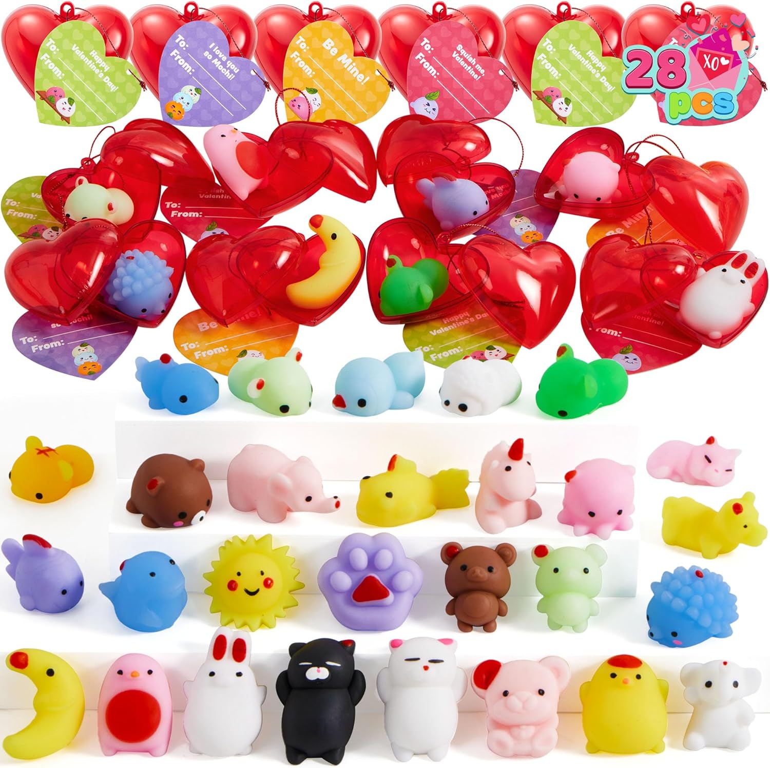 JOYIN 28 Packs Mochi squishy toys with Valentine Cards and Filled Hearts Party Favors for Kids Valentine Gifts Classroom Exchange, Kawaii Stress Relief Toys for Valentine Gift Exchange, Game Prizes