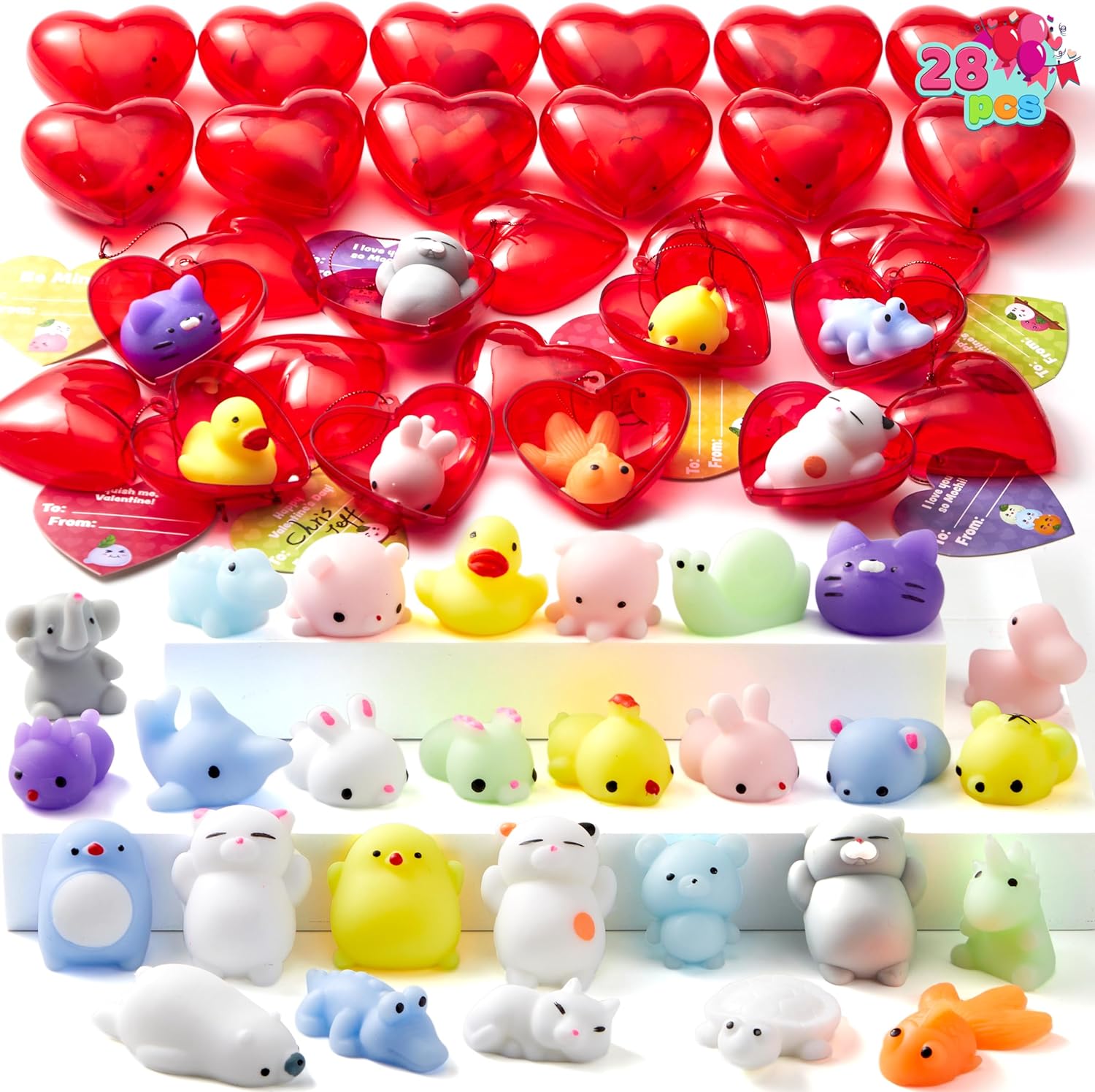 JOYIN 28 Packs Valentine Day Gift Cards with 28 Mochi squishy toys and Filled Hearts for Kids Valentine Classroom Exchange, Kawaii Stress Relief Toys School Gifts Exchange School Games Prizes