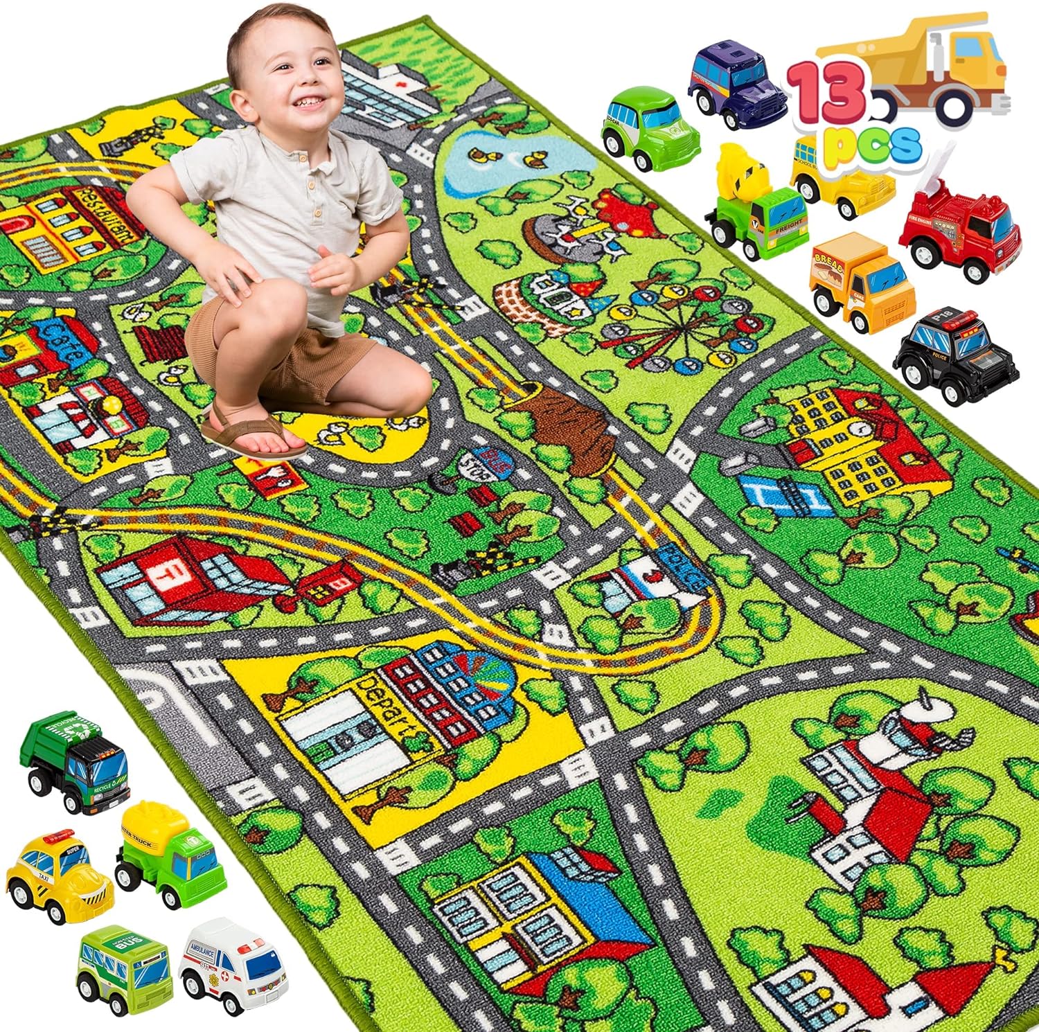 JOYIN Carpet Playmat w/ 12 Cars Pull-Back Vehicle Set for Kids Age 3 , Jumbo Play Room Rug, City Pretend Play