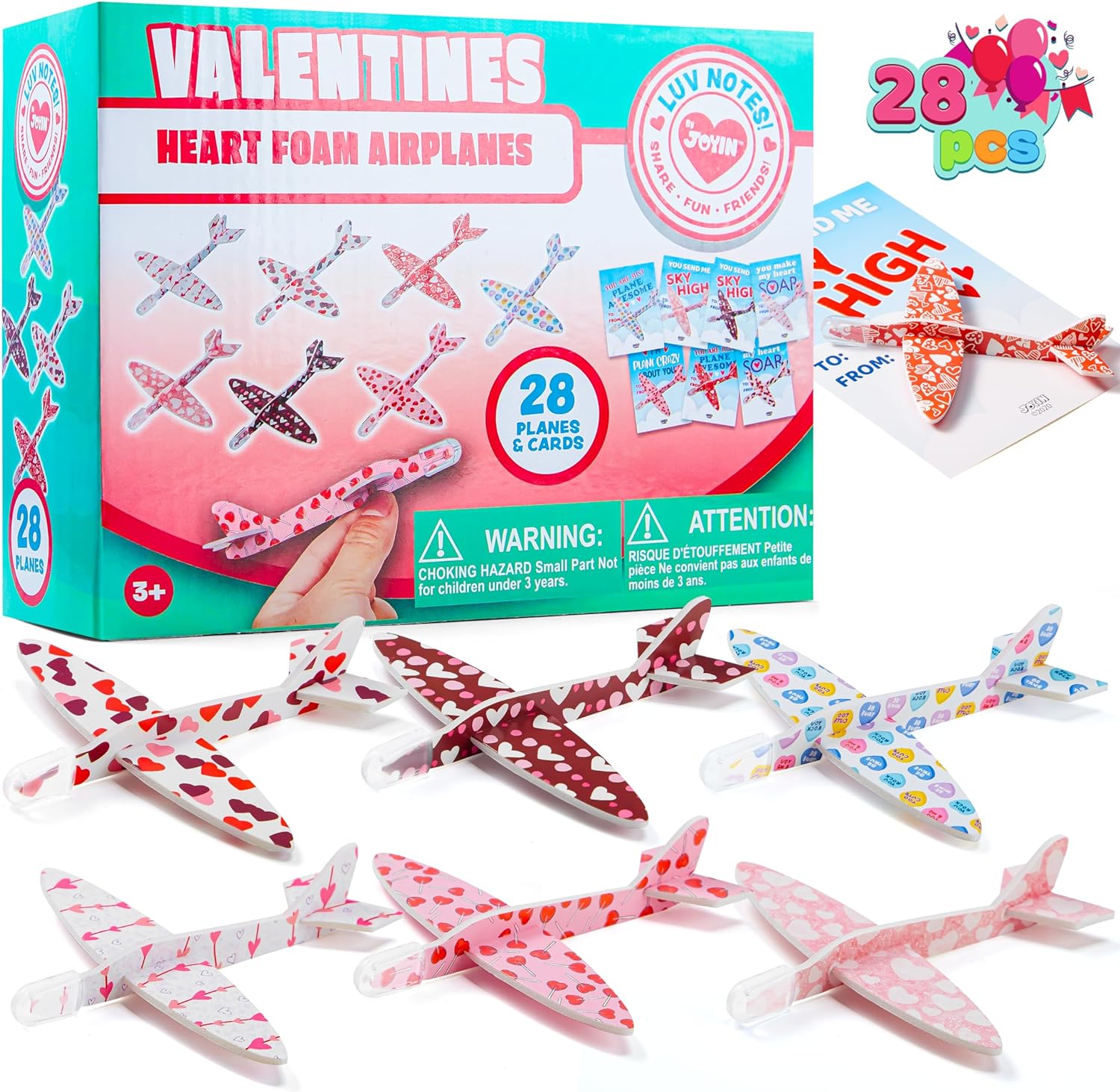 JOYIN 28 Pack Valentine' Day Greeting Cards with Foam Airplanes, Valentine Classroom Exchange, School Gift Exchange Game Prizes (Mixed)