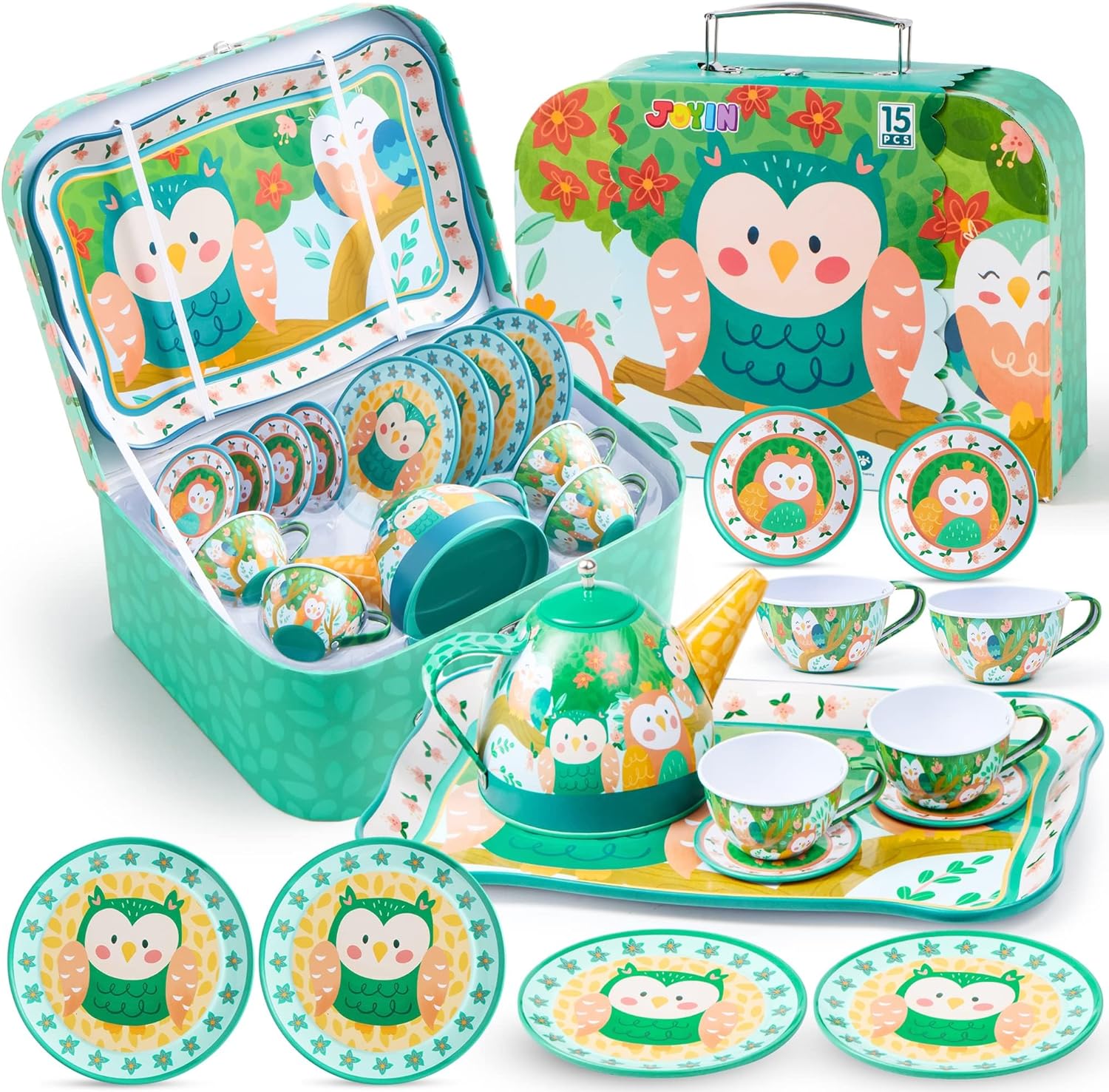 JOYIN Owl Garden Tea Party Set for Little Girls, Pretend Tin Teapot Set, Princess Tea Time Play Kitchen Toy with Teapot, Cups, Plate and Carrying Case for Birthday Easter Gifts Kid Toddler Age 3 4 5 6