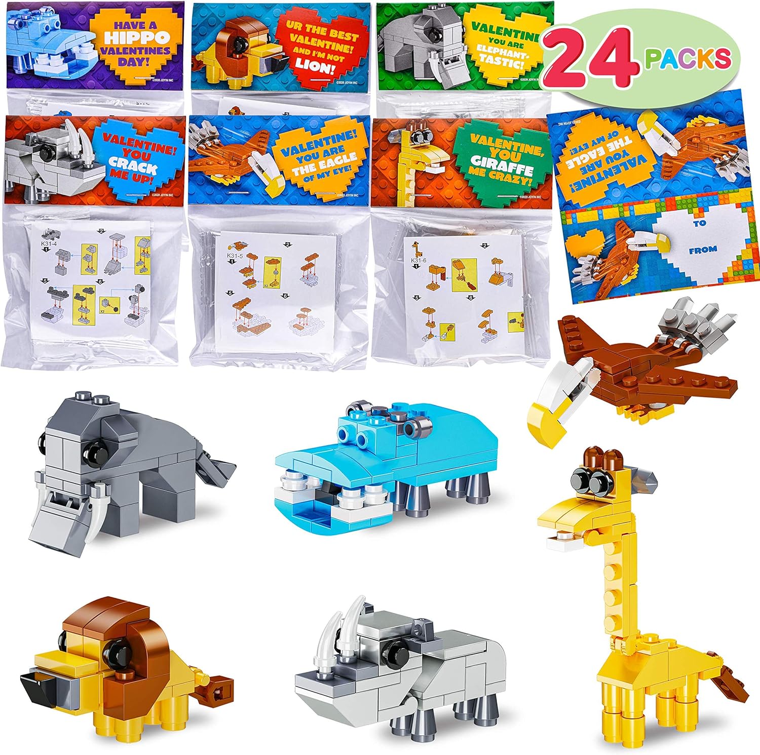 JOYIN 24 Packs Valentines Day Cards with Safari Animal Building Blocks for Valentine Party Favor, Classroom Exchange Prize, Valentines Greeting Cards