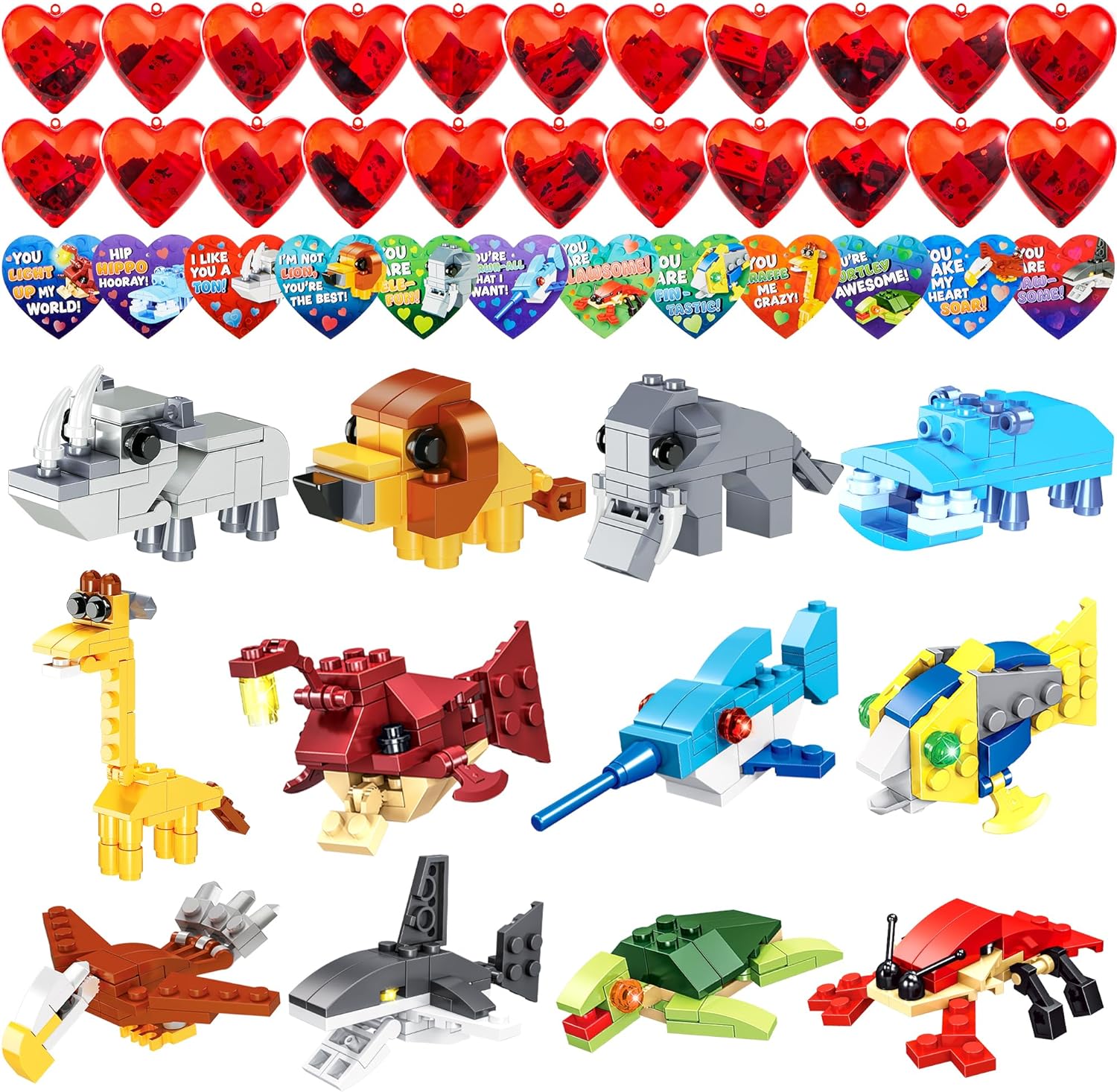 JOYIN 24 Pack Valentines Day Cards with Sea Animal Building Blocks Filled Hearts for Valentine Party Favor, Classroom Exchange Prize, Valentines Greeting Cards