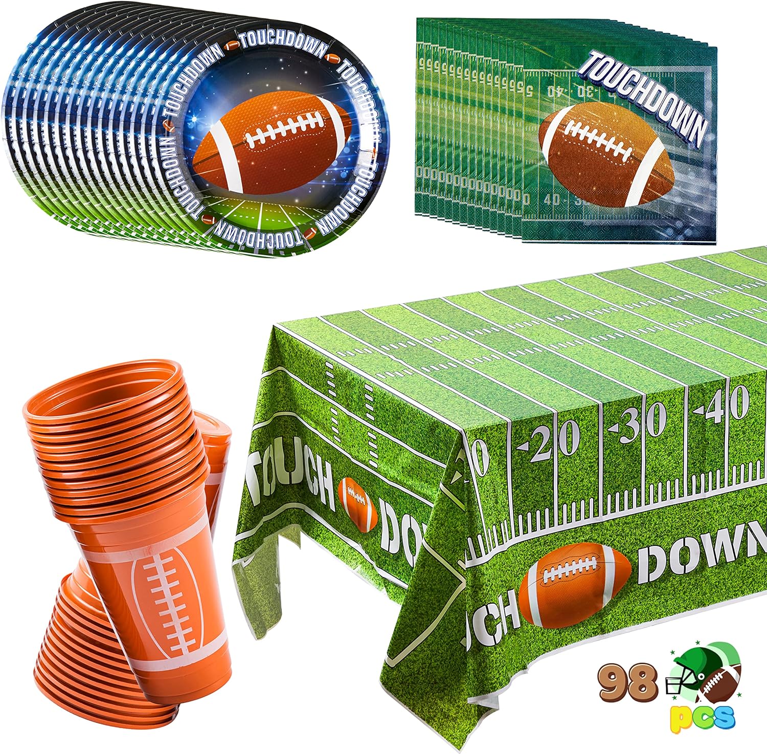 JOYIN 98 Pcs Football Party Supplies Set Serves 24 with 24 Cups, 24 Plates, 48 Paper Napkins, and 2 Tablecloth Perfect for Football Themed Party Decoration Dinner Kit