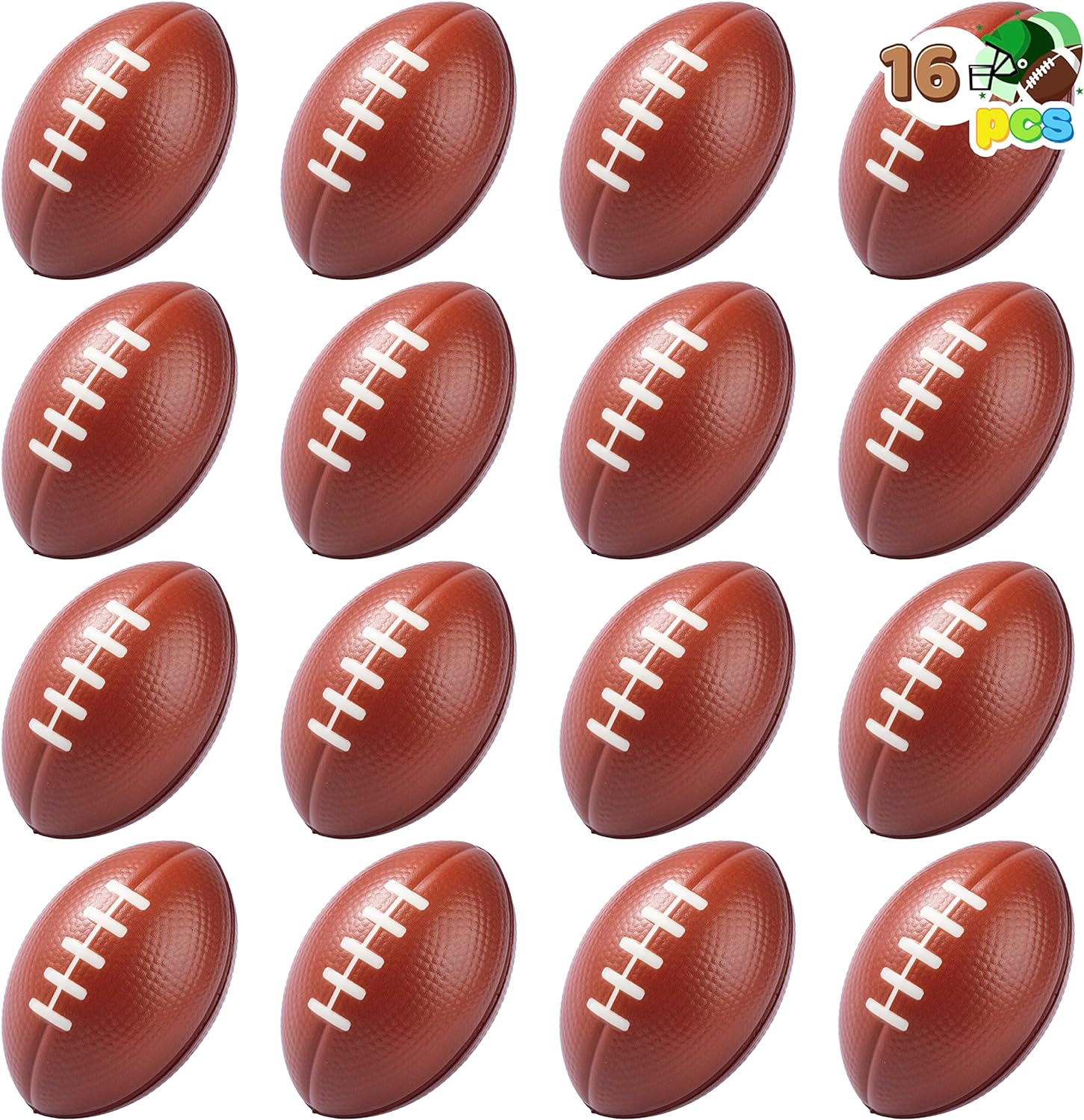 JOYIN 16 Pack 3.25 Mini Football Foam Stress Balls Toy for Kids Sports Birthday Party Favor, Squeeze Squish Balls, Anxiety Relief, Relaxation, Super Bowl LIII Party and School Classroom Prize