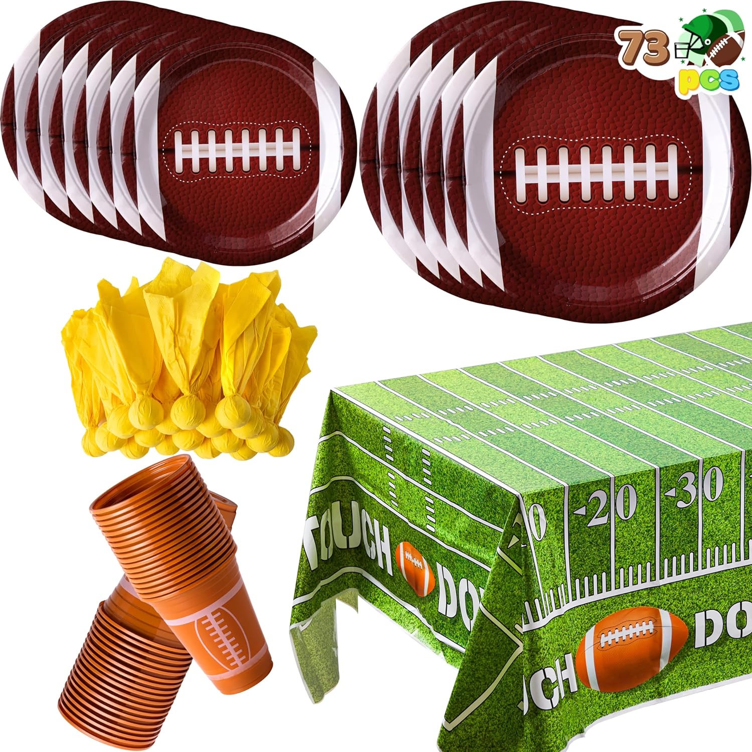 JOYIN 73 PCS Football Party Supplies, 18pcs 9''Plates, 18pcs 7''Plates, 18 Plastic Cups, 18 Napkins, Tablecloth Football Gameday Party Tableware Set for Birthday Party Decorations Serve 18