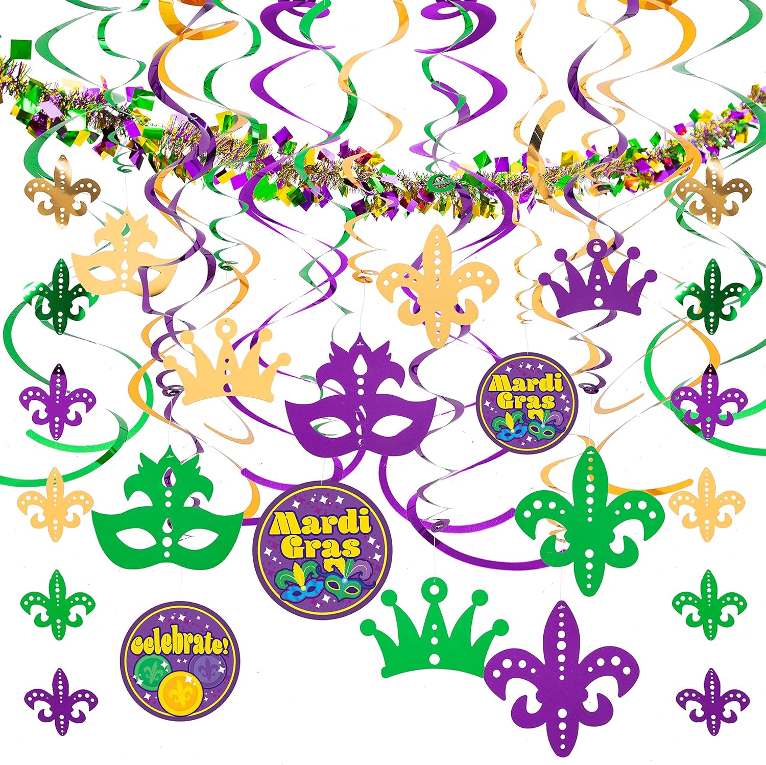 JOYIN 25 PCS Assorted Mardi Gras-themed Set with 24 Hanging Swirls and 1 Strings with Garland Party Decorations Supplies