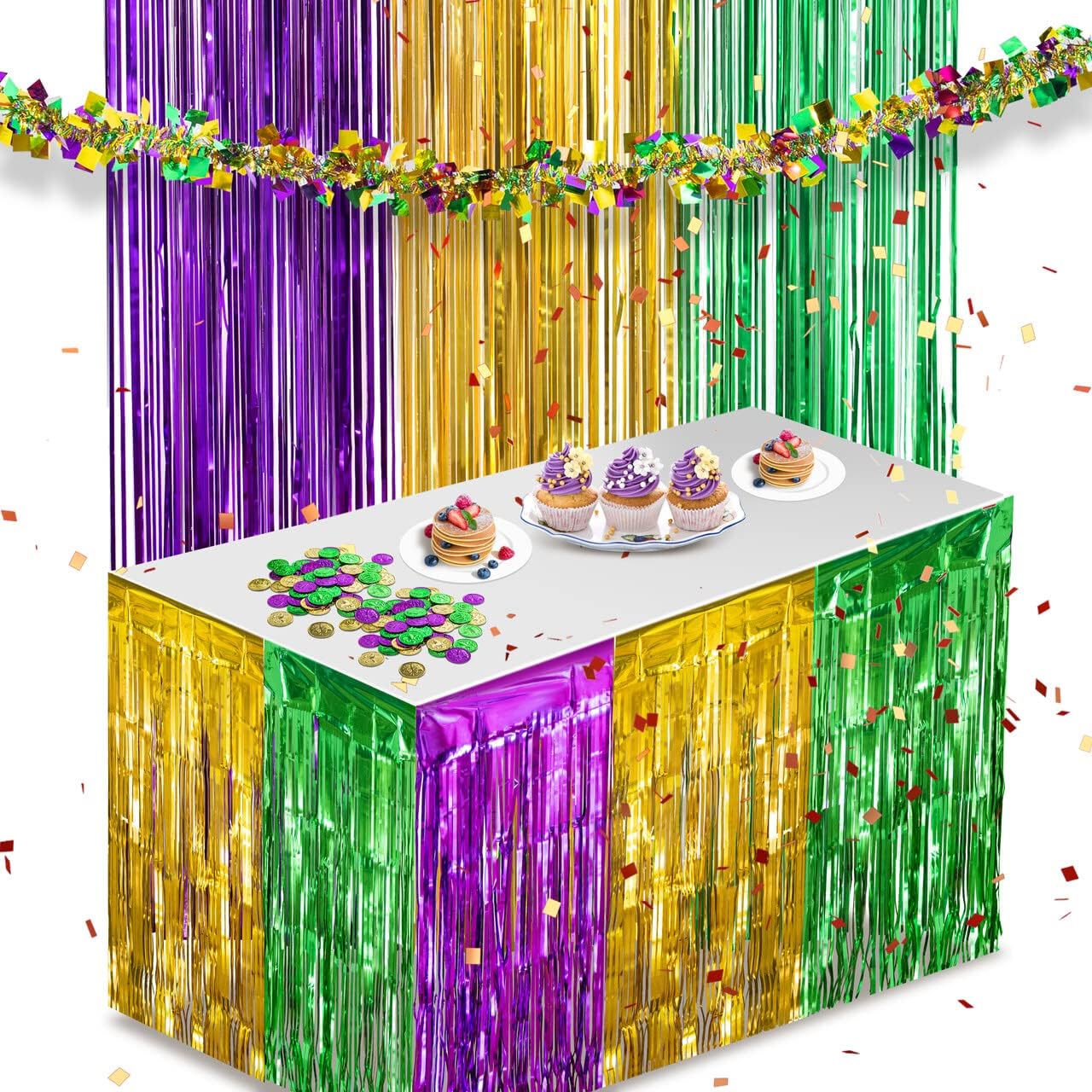 JOYIN 5PCS Mardi Gras Party Decoration with 1 PCS Fringe Curtain, 3 PCS Table Skirt and 1 PCS Garland Pack Mardi Gras Party Favor Supplies