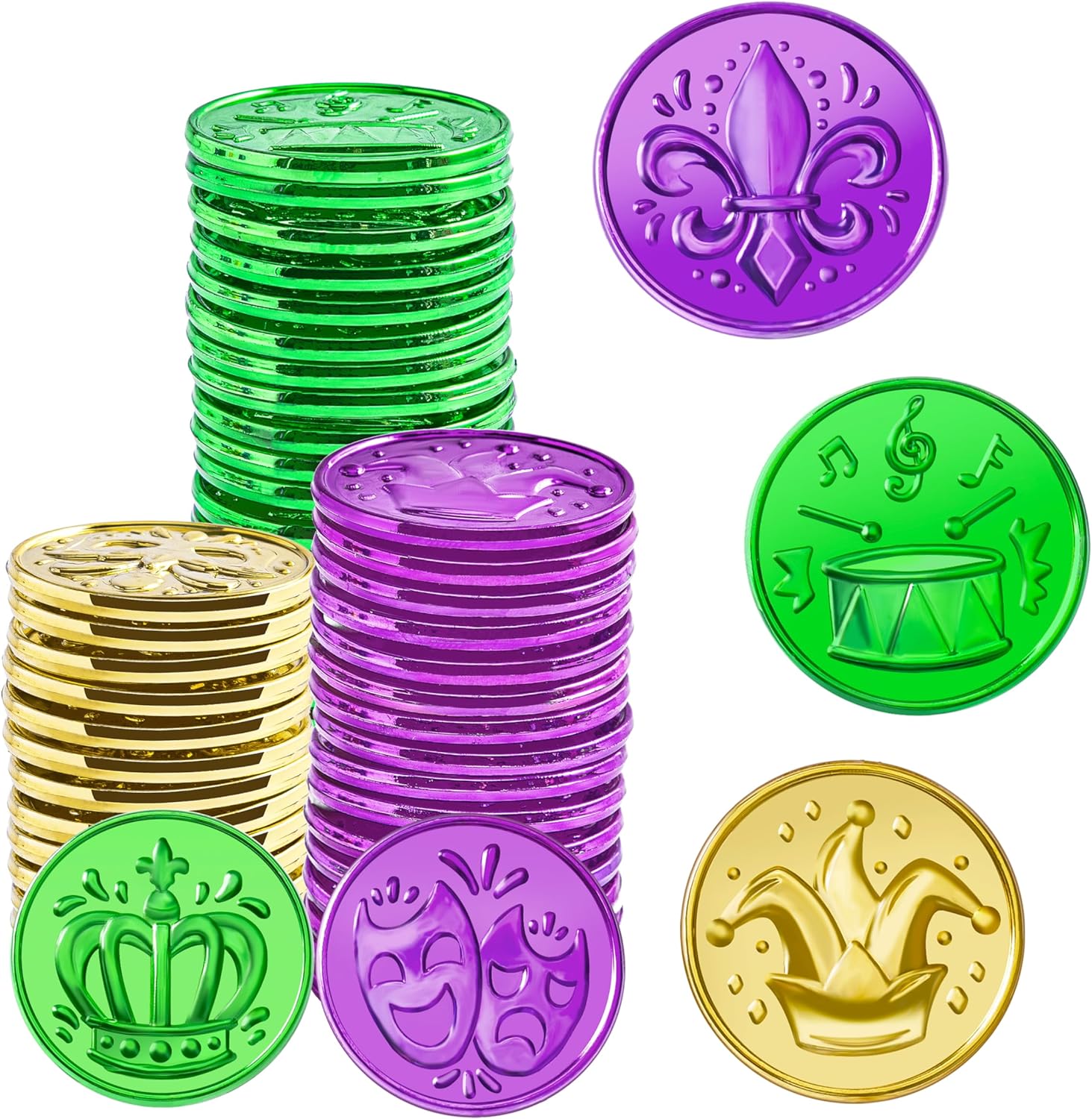 JOYIN 120 PCS Mardi Gras Coins, Gold Green Purple Mardi Gras Plastic Coin Bulk for Mardi Gras Parade Party Favors Supplies, Fake Gold Coins for Party Accessory Decoration