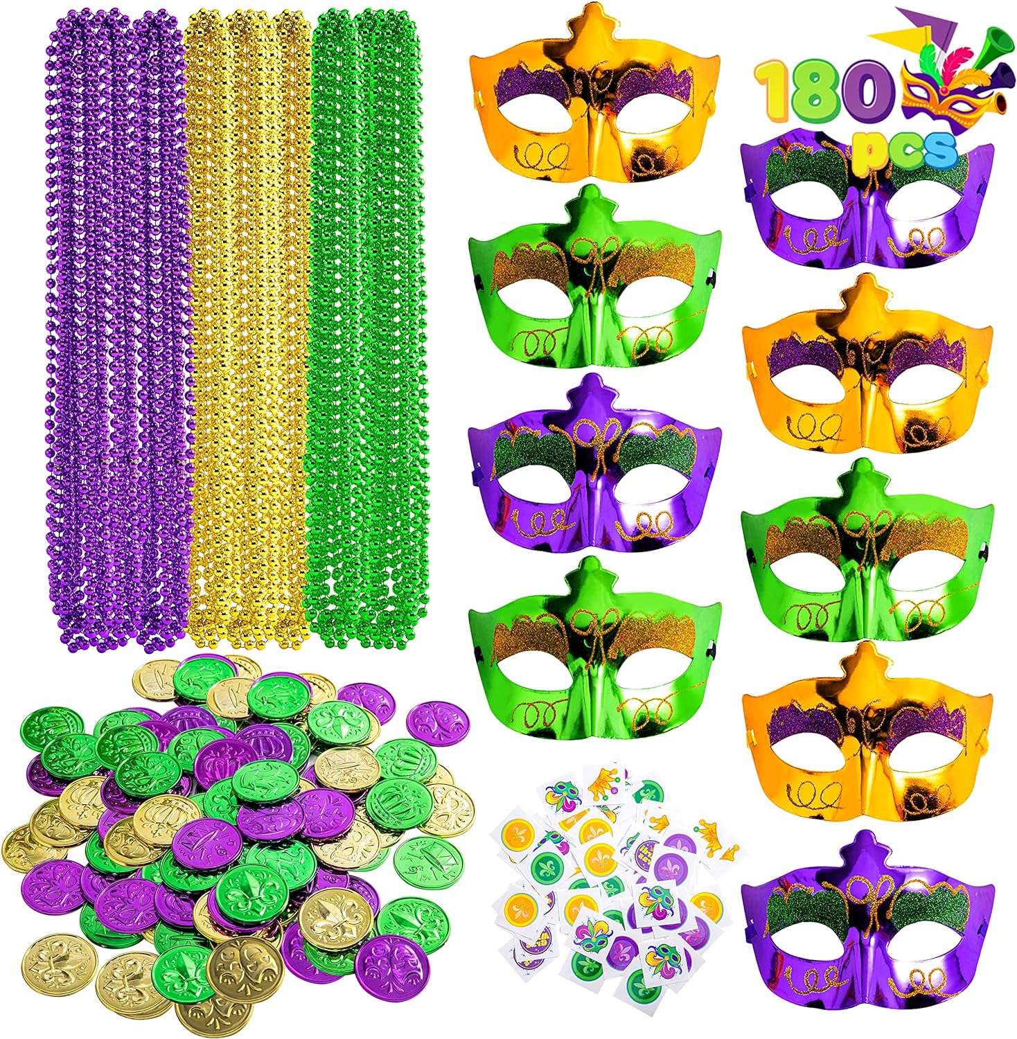 JOYIN 180 PCS Mardi Gras Party Supplies Set Serves 9 People with 9 Mask, 27 Bead Necklace, 72 Coins, 72 Tattoo Stickers for Mardi Gras Party Favors Set, Masquerade Costume Accessories