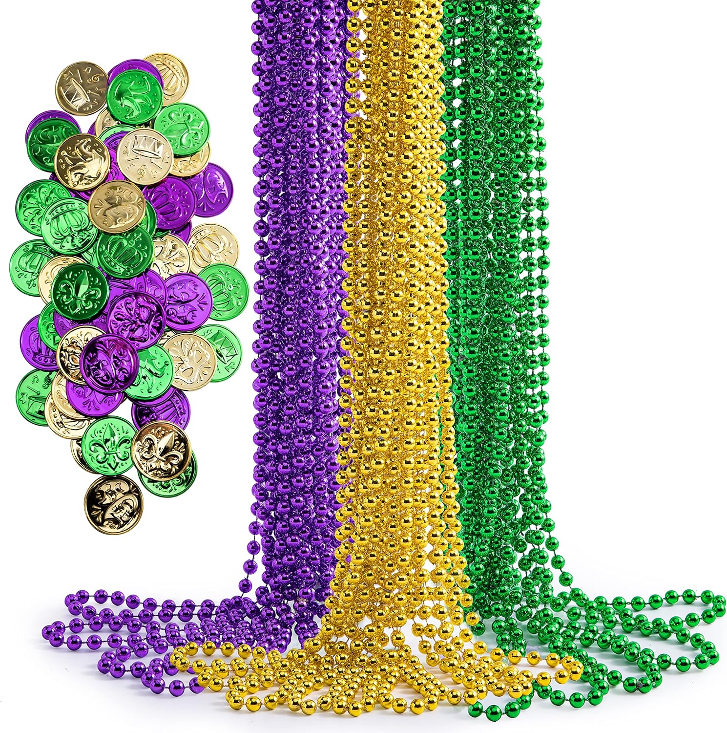 JOYIN 156 PCS Mardi Gras Set Include 36 PCS Mardi Gras Beads Necklace and 120 Plastic Coins, Purple Gold Green Necklace Coins for Mardi Gras Party Favors Supplies, Masquerade Costume Accessories