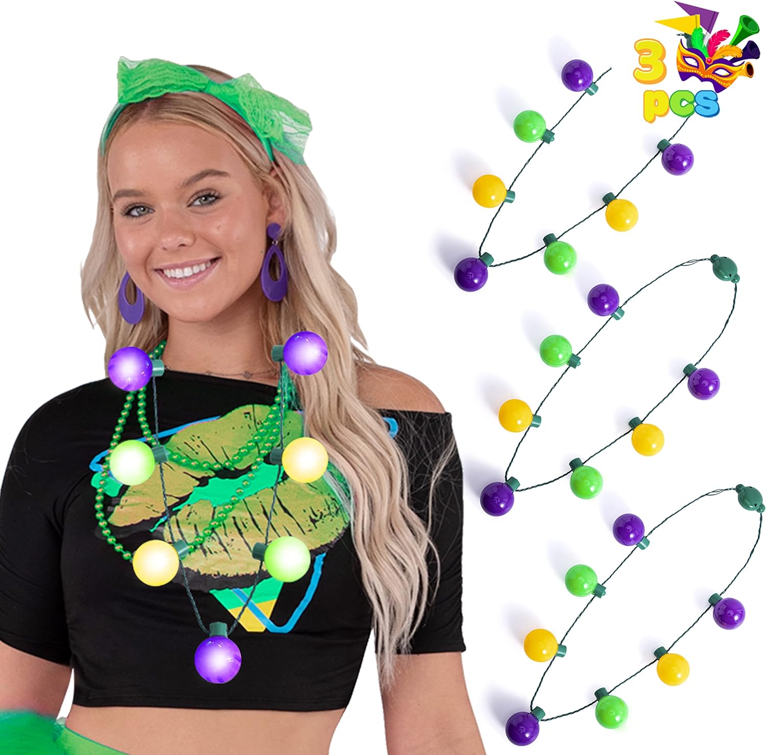 JOYIN 3 PCS Mardi Gras LED Bulb Necklace, Purple, Green, Gold LED Light Up Necklace with 6 lighting modes for Mardi Gras Party Favors Supplies, Masquerade Costume Accessories