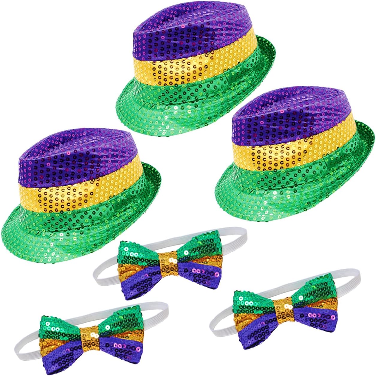 JOYIN Toy 3 Pack Mardi Gras Accessory Set Party Favors with 3 Sequin Fedora Hats and 3 Sequin Bow Ties