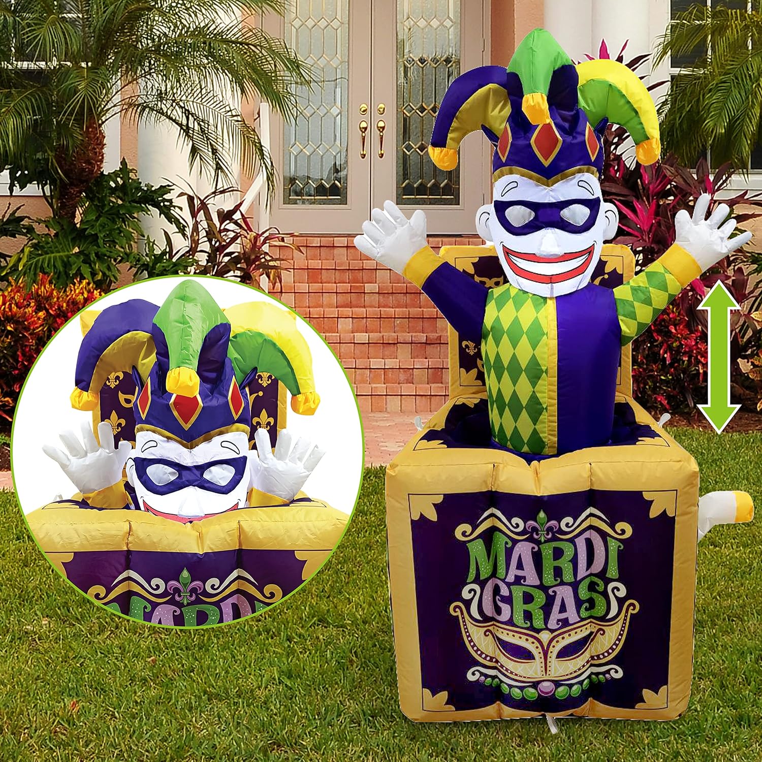 JOIEDOMI Mardi Gras Animated Inflatable Yard Decoration 4 FT Jester in The Box with Build-in LEDs Blow Up Inflatables for Party Indoor, Outdoor, Yard, Garden, Lawn Decor