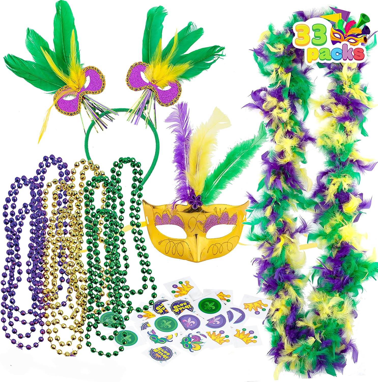 JOYIN 33PCS Mardi Gras Party Supplies, Women Party Accessory with 6 Beads Beaded Necklaces, LED Mask, Feather Boa, Headband, 24-Count Temporary Tattoos