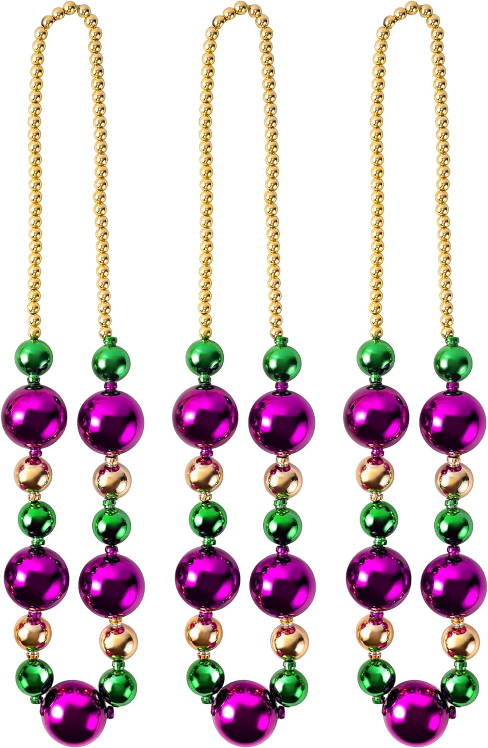 JOYIN 3 Pcs Mardi Gras Jumbo Bead Necklaces, 44'' Gold Green Purple Necklaces Beads for Mardi Gras Parade Decorations Party Favors Supplies, Costume Outfit Accessories