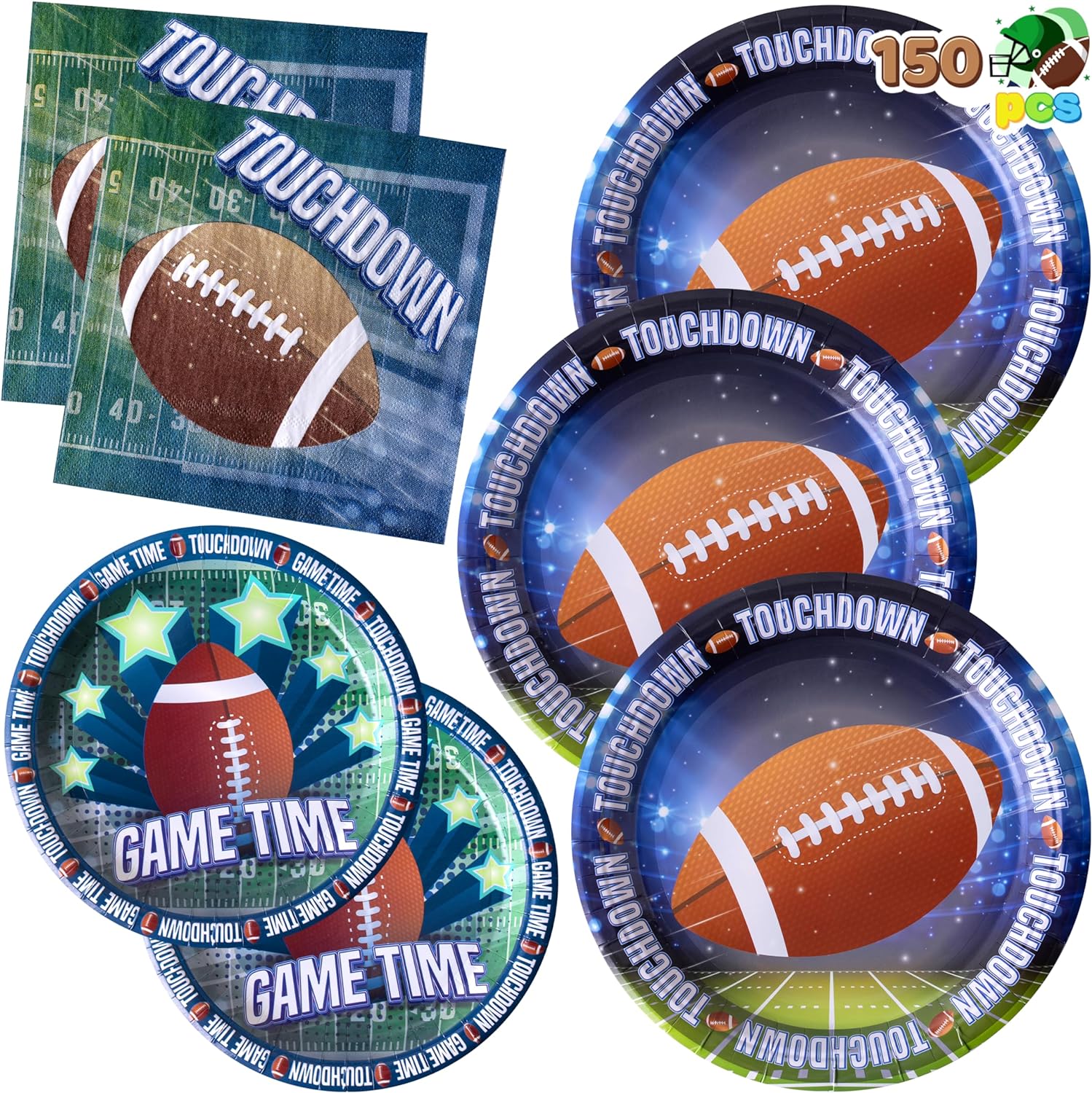 JOYIN 150 PCS Football Party Supplies, 50pcs 9''Football Plates, 50pcs 7''Party Plates, 50 Paper Napkins, Touchdown Football Game Day Themed Tableware Set serve 50