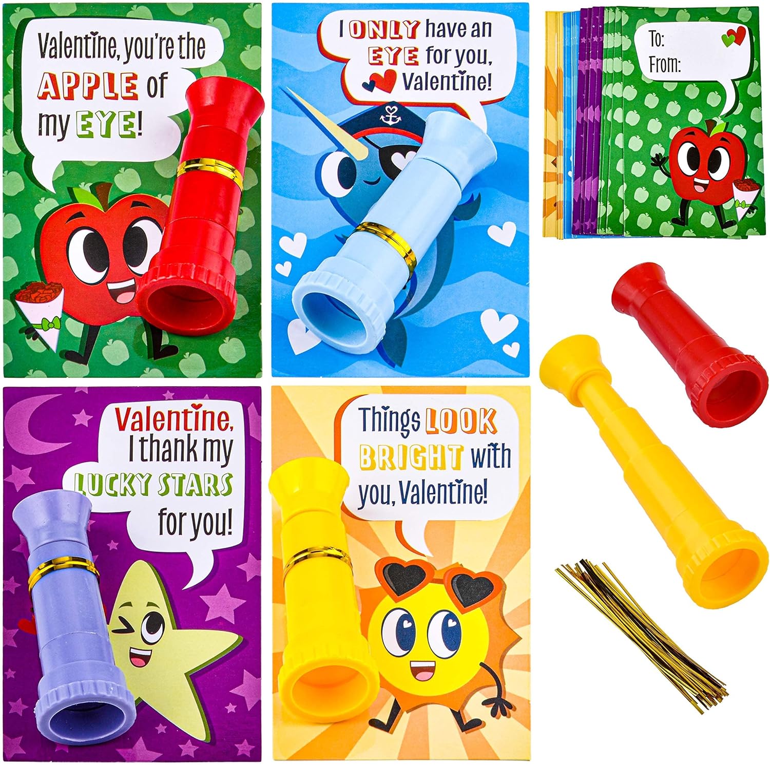 JOYIN 28 Pcs Valentines Day Cards with Telescopes for Kids Valentine Party Favor, Valentines Greeting Cards, Valentine' Classroom Exchange Prizes