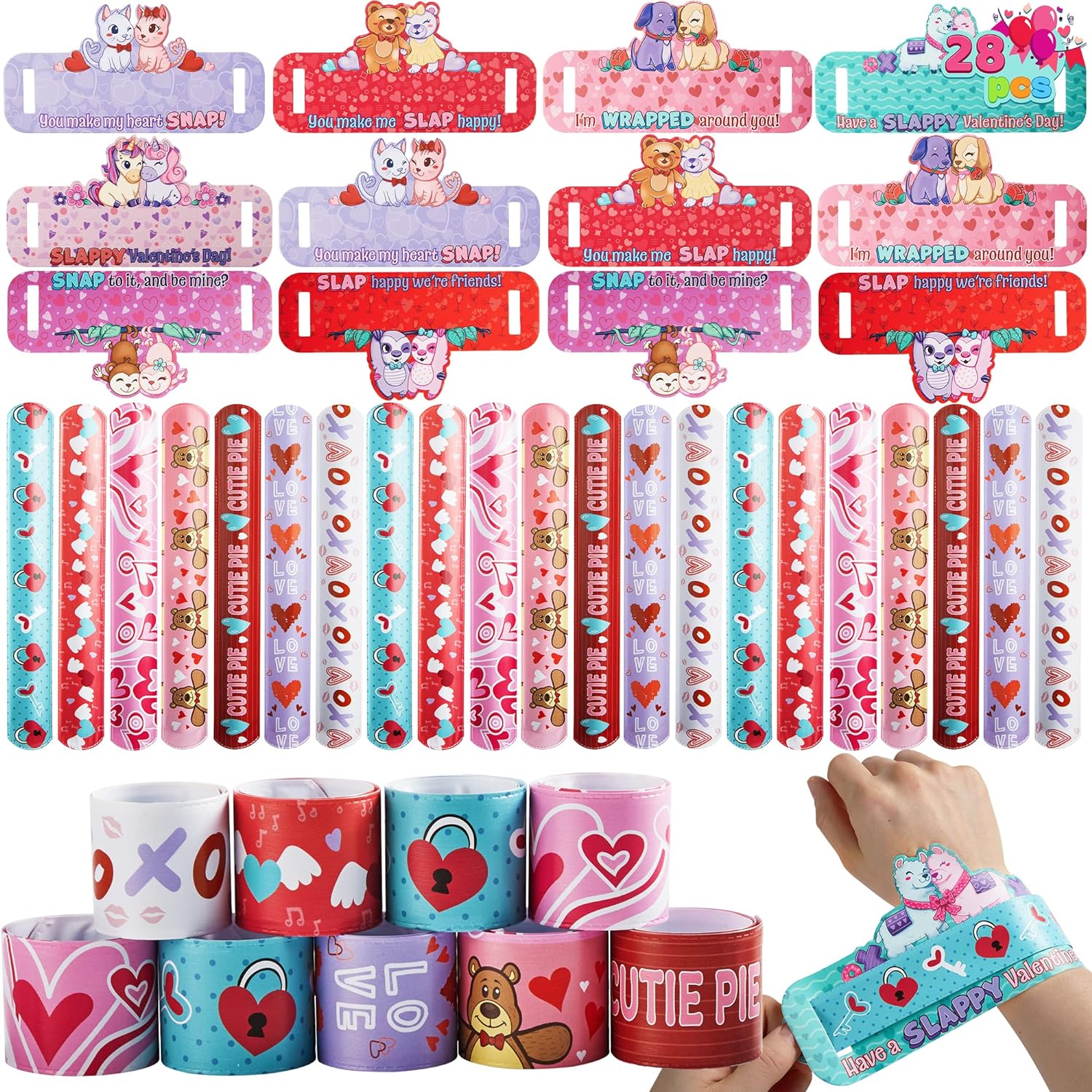 JOYIN 28 Valentine' Day Gifts Cards with Slap Bracelet, Animal Heart Snap Bracelet Wristband for Kids,Valentine' Party Favors, Valentine Classroom Exchange, Game Prizes