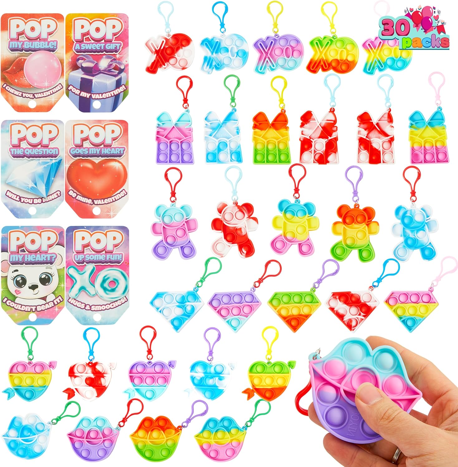 JOYIN 30 Pcs Valentines Cards with Pop Bubble Keychain Fidget Toys Pop Keychain Stress Anxiety Relief Toy for Kids Valentine' Day Classroom Exchange Prizes, Valentine' Party Favors