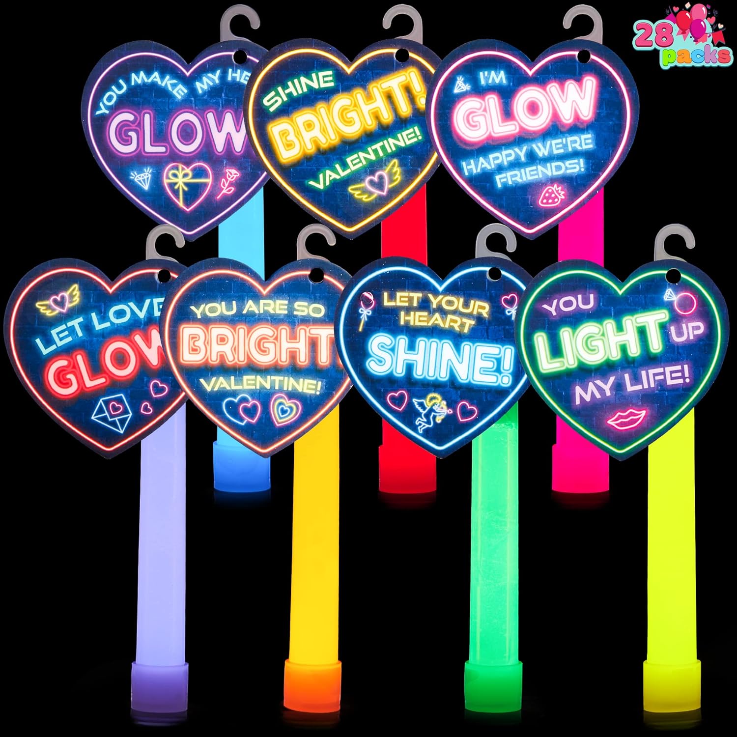 JOYIN 28 Packs Valentine' Day Gifts Cards with Ultra Bright Large Glow Sticks for Kids, Waterproof Glow Sticks for Valentine' Party Favors, Valentines Classroom Exchange Toy, School Prizes