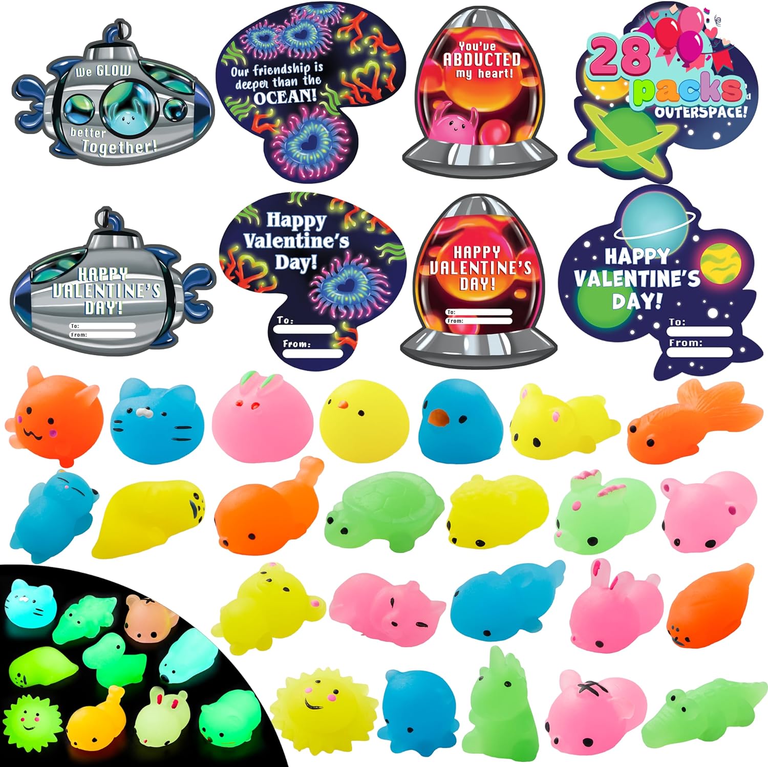 JOYIN 28 Packs Valentines Day Gift Cards with Mochis, Glow in The Dark Mochi Squishy Toys, Stress Relief Fidget Toys for Kids Valentine' Classroom Exchange, Party Favors, School Prizes