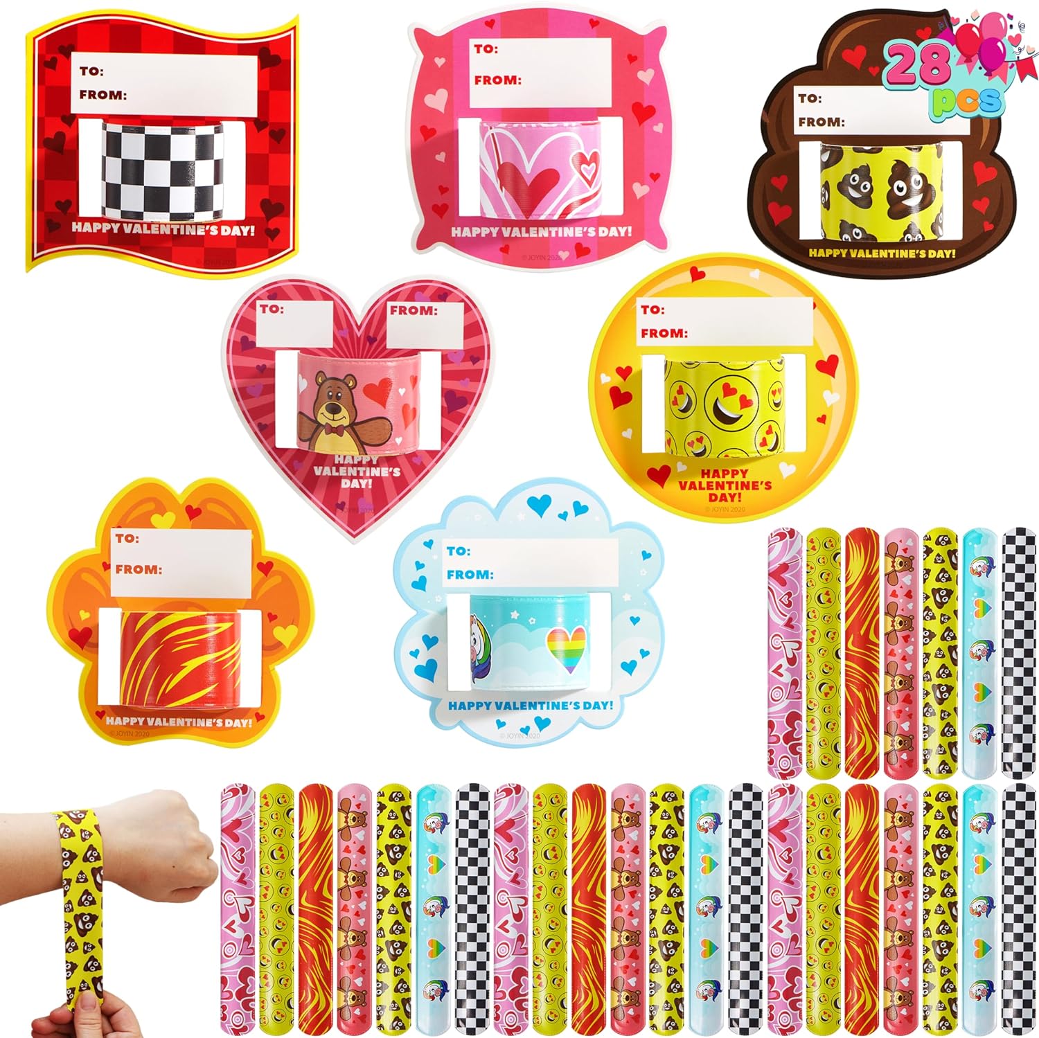 JOYIN 28 Packs Valentine' Day Slap Bracelet Set with Valentine Gift Cards for Classroom Exchange Prizes, Valentine Party Favors, Valentines Greeting Cards