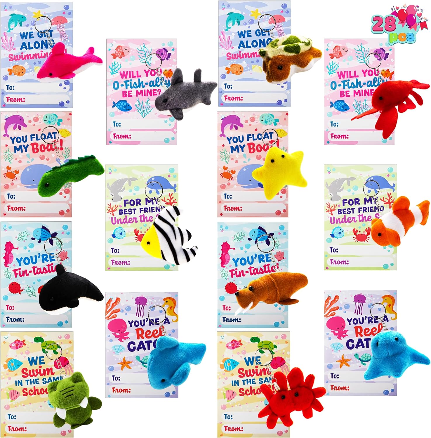 JOYIN 28 Pack Valentines Day Cards with Sea Animals Mini Plush Keychain for Kids, Valentines Party Favor for Valentine' Classroom Exchange Gifts Game Prize School Classroom Rewards