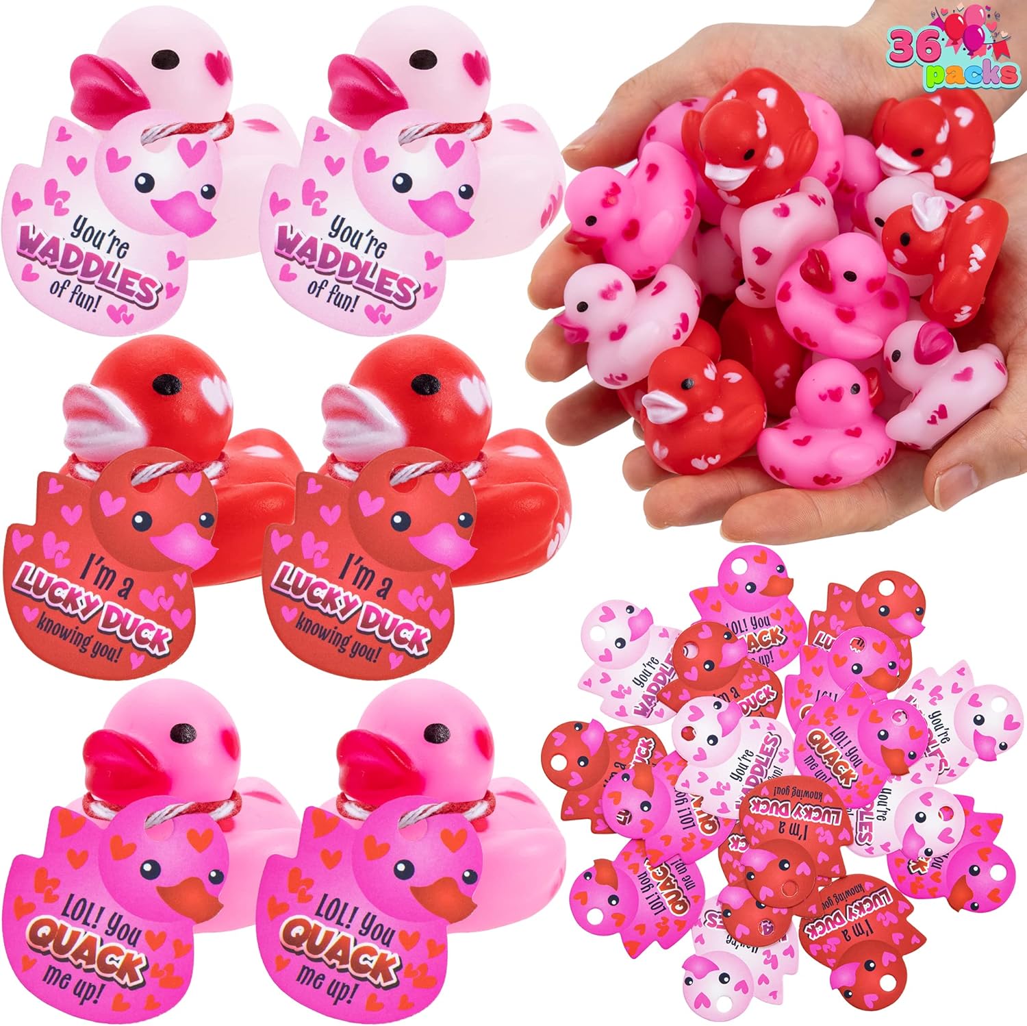 JOYIN 36 Pcs Valentines Day 1.1 Inches Mini Rubber Duck with Gift Cards, Small Rubber Duckies with Duck Card Tags, Rubber Duck Bath Toys for Classroom Exchange Prizes, Valentine Party Favors Toys