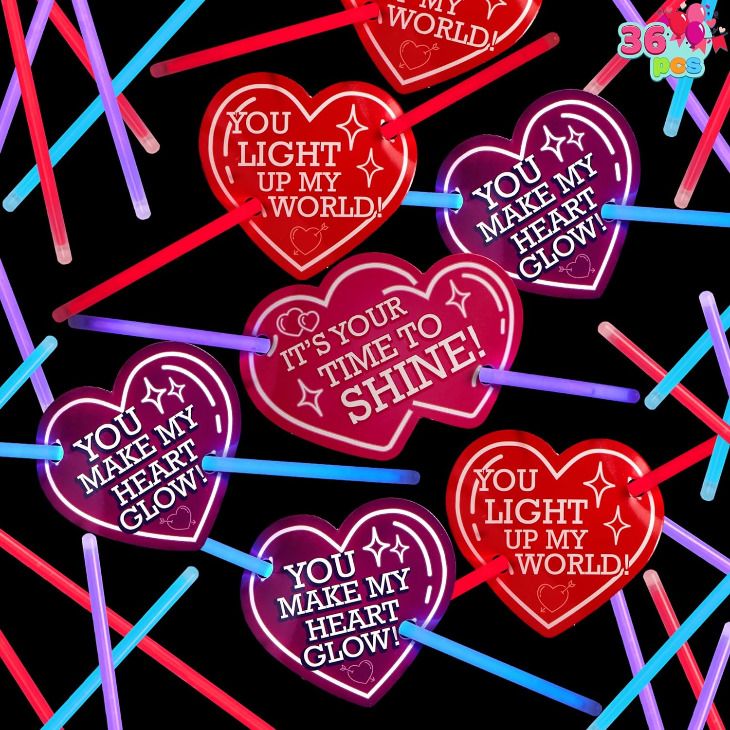 JOYIN 36 Packs Neon Valentines Day Gift Heart Cards with Glow in the dark Sticks, Valentine cards for kids, Valentine' Party Favor, Valentine Classroom Exchange Cards, Valentine School Prize