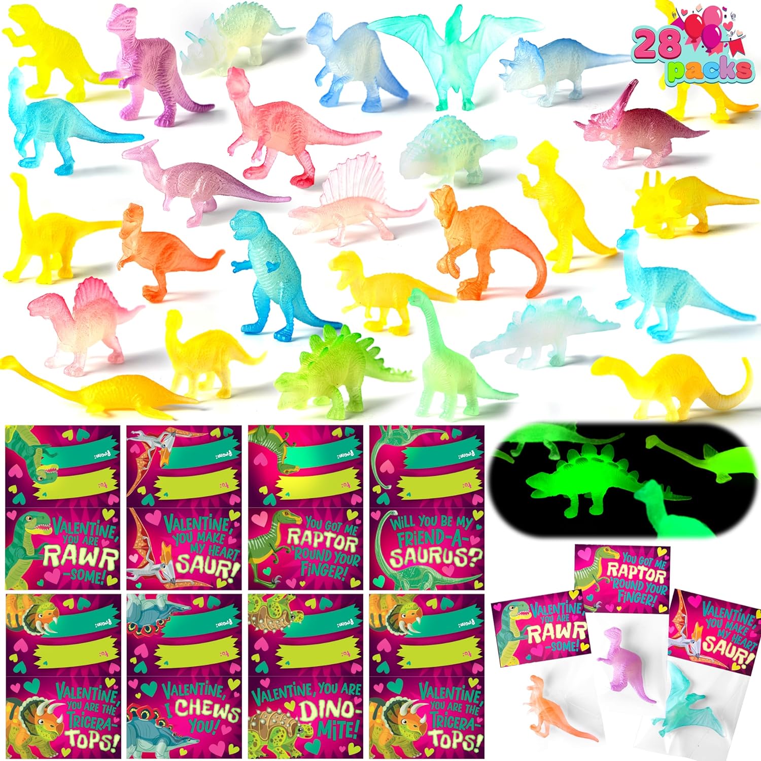 JOYIN 28 Packs Valentines Day Cards with Glow in dark Dinosaur Toys for Valentine Kids Party Favor, Classroom Exchange Prizes, Valentines Greeting Cards