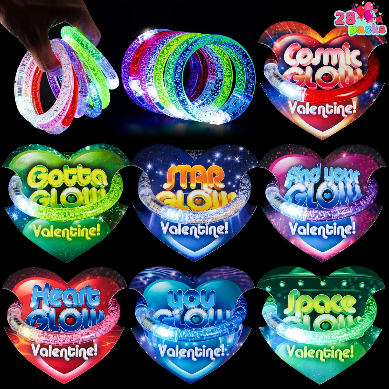 JOYIN 28 Packs Valentine' Day Gift Cards with Flashing LED Bracelets for Valentine Light Up Party Favor Toy, Valentine' Classroom Gift Exchange, Kids and Adults, Glow Accessories