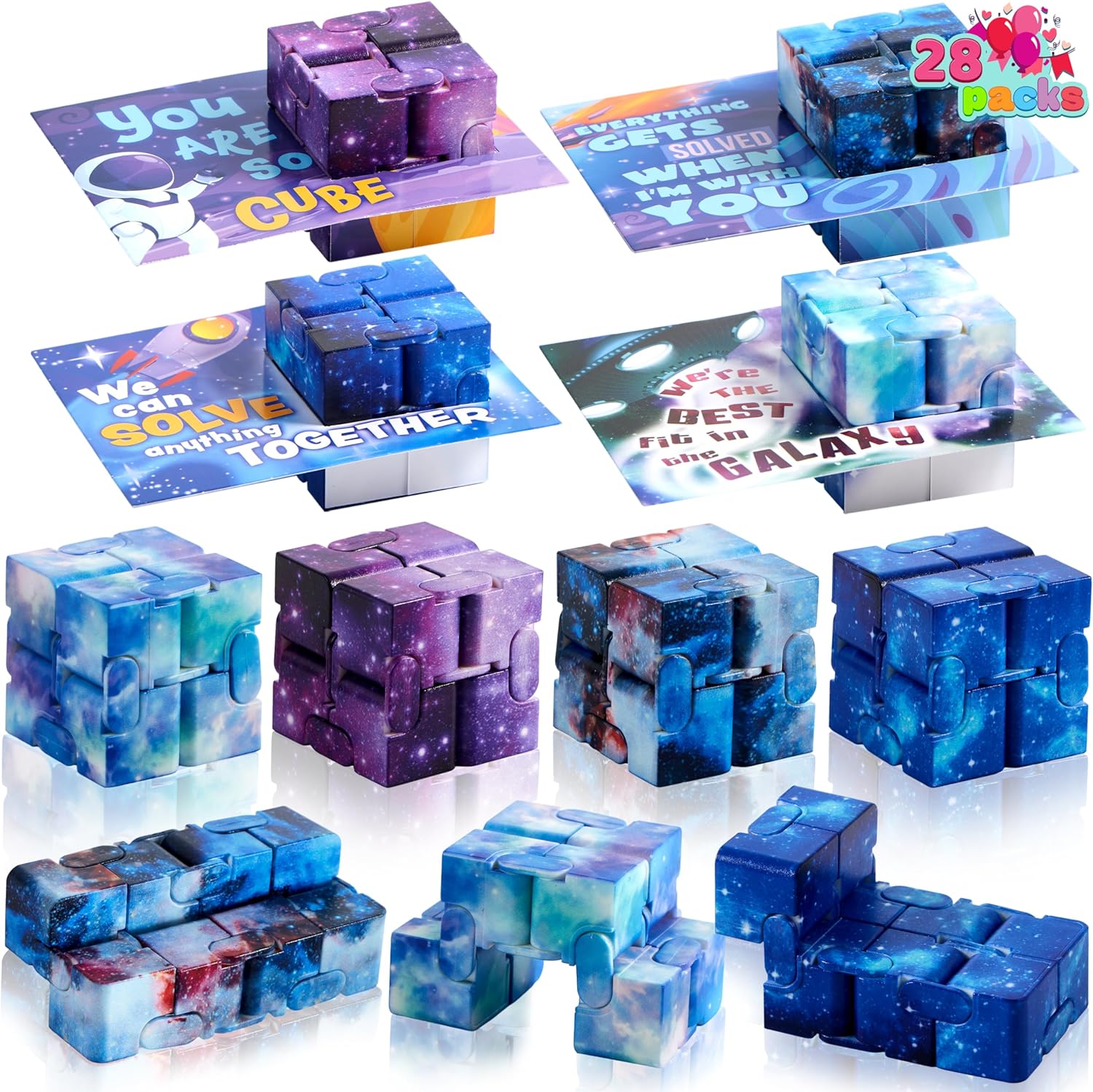 JOYIN 28 Packs Valentines Day Gift Cards with Infinity Magic Cube Toys, Cosmic Hand-Held Cube, Stress Relief Fidget Toys for Kids Valentine' Party Favors, Classroom Exchange and Goodie Bag Stuffers