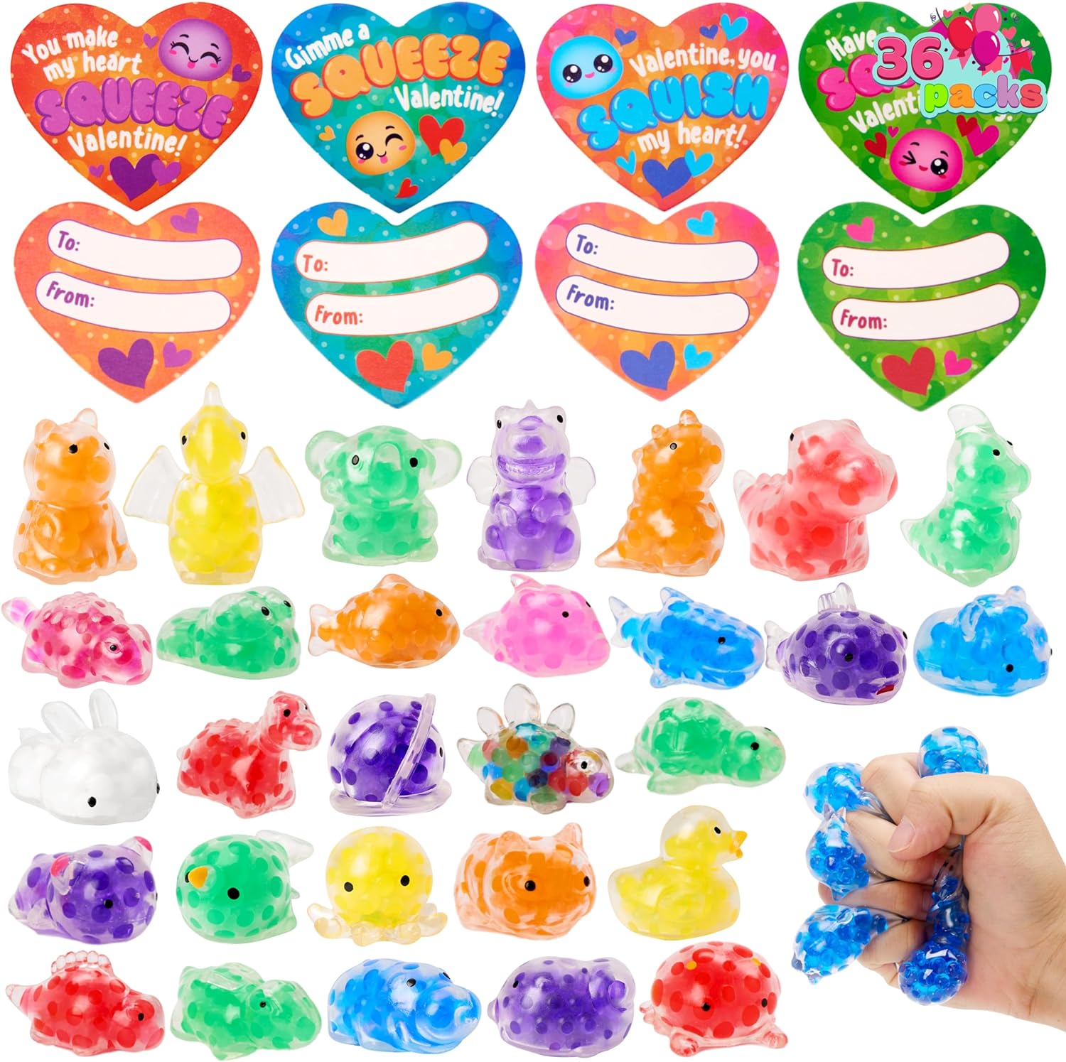 JOYIN 36 Packs Valentines Day Heart Gift Cards with Water Jelly Mochi squishy toys, Mini Critter Squeeze Balls, Stress Relief Fidget Toys for Valentines Party Favors and Classroom Exchange