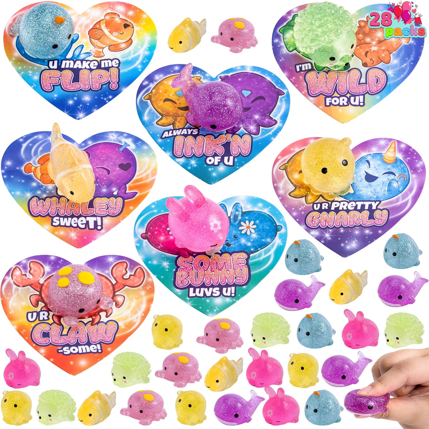 JOYIN 28 Pcs Valentines Day Cards with Glitter Mochi Squishy Toys, Cute Sea Animals Mochi to Squeeze, Stress Relief Fidget Toys for Kids Valentine Party Favor Classroom Class Exchange Prizes