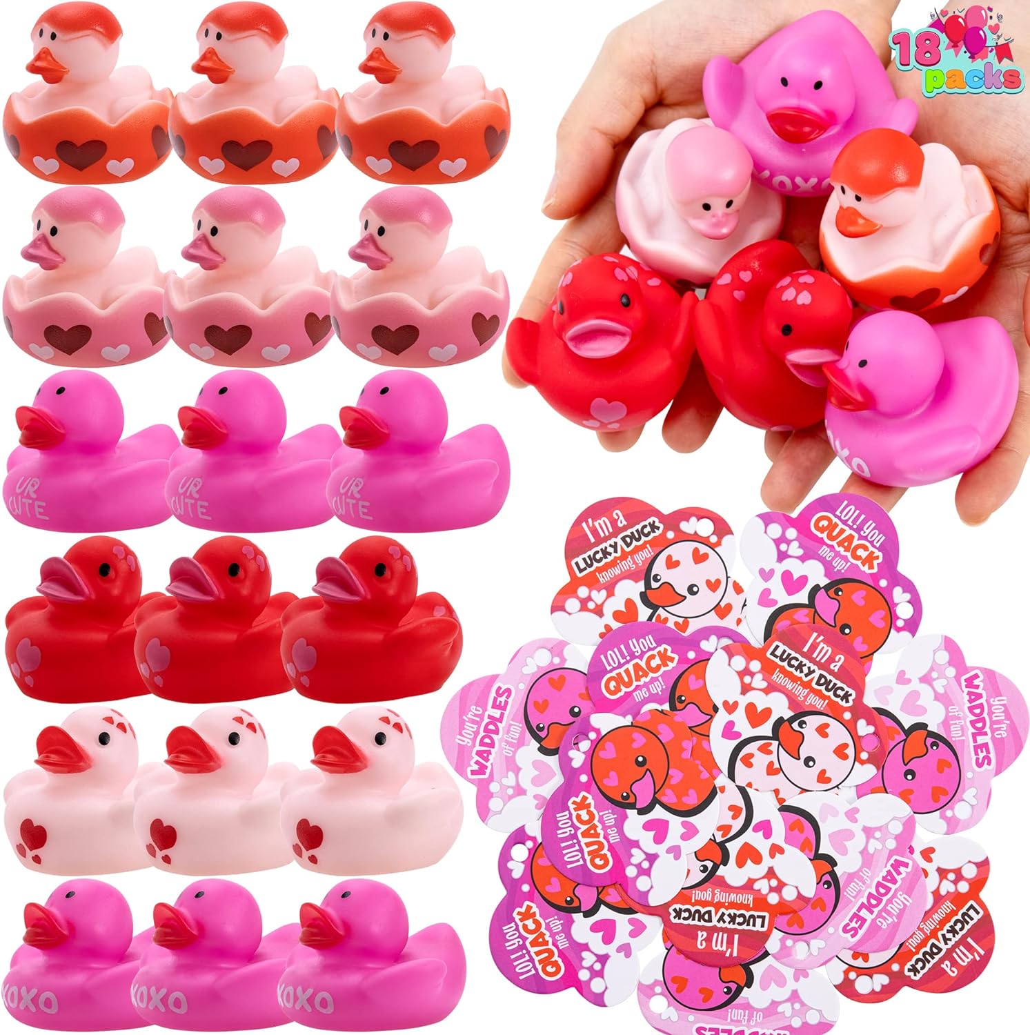 JOYIN 18 Pcs Valentines Day Gift Cards with Rubber Duck,Mini Rubber Duck Bath Toys for Classroom Exchange Prizes, Valentine Party Favors Toys