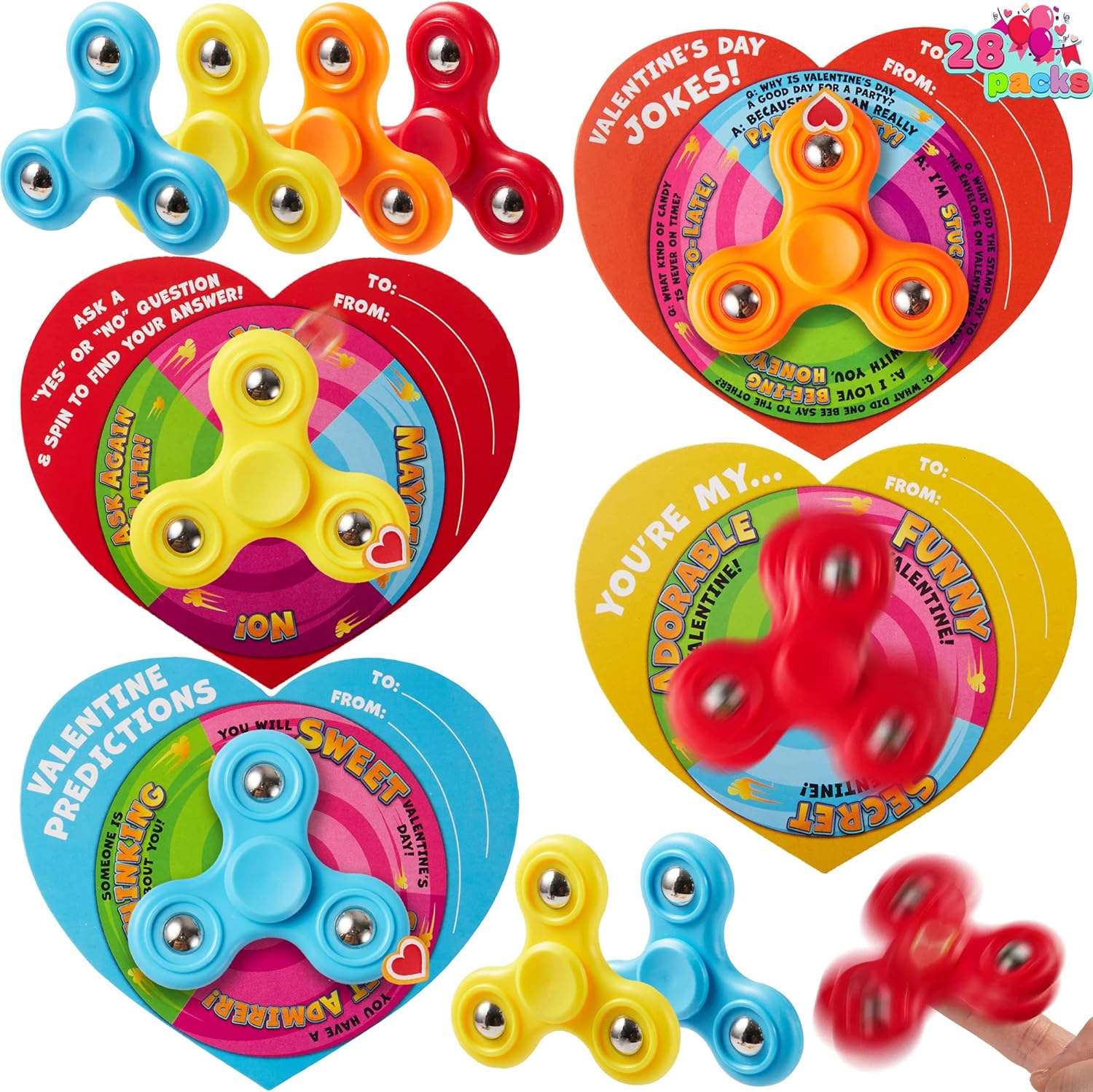 JOYIN 28 Packs Valentine' Day Cards with Fidget Spinner, Stress Relief Anxiety Fidget Toy with Cards for Valentine' Day Classroom Exchange, Valentine' Party Favors, Party Game Prizes