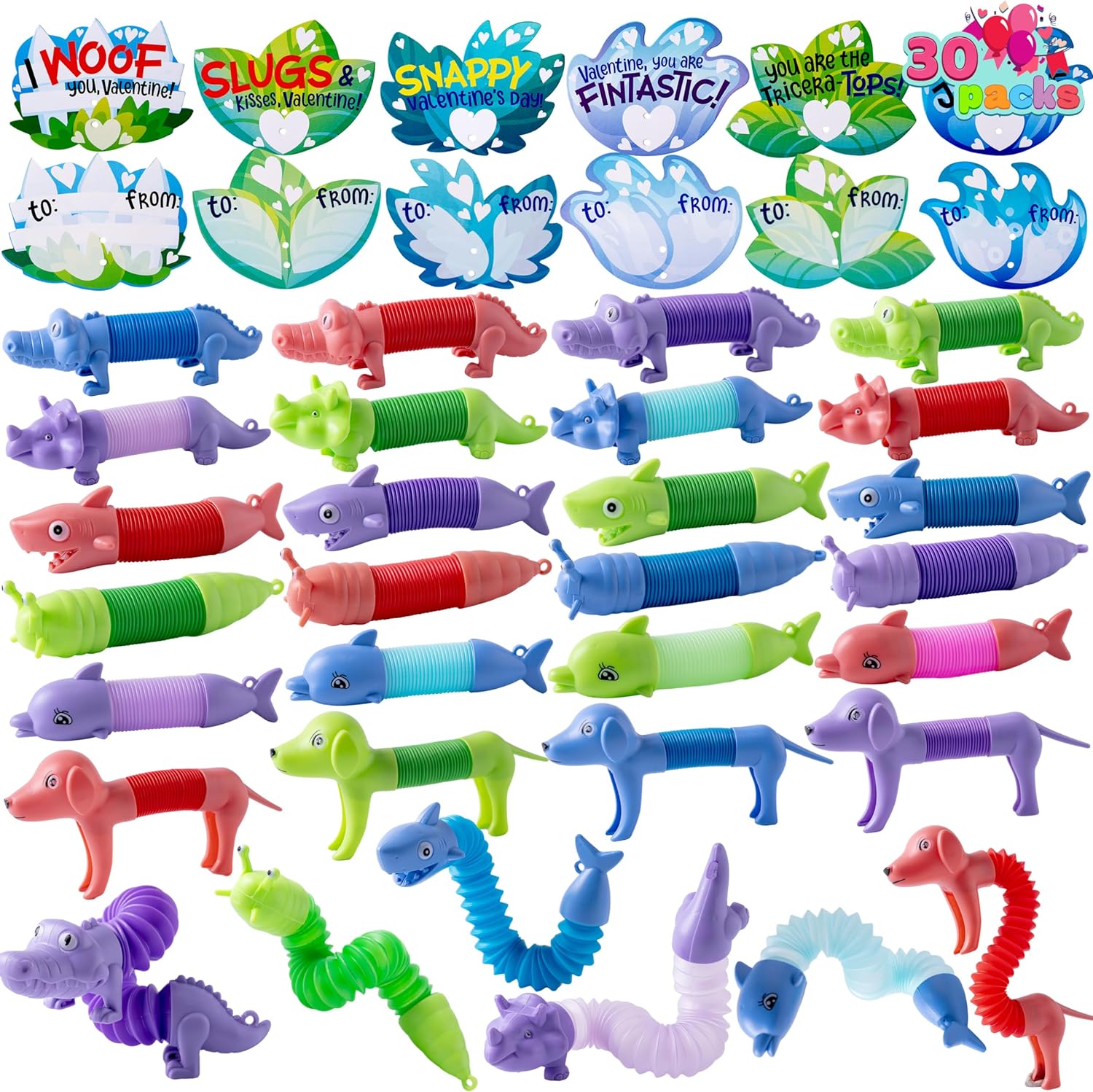 JOYIN 30 Packs Valentines Day Gift Cards with Critter Pop Tubes, Stress Relief Fidget Toys, Telescopic Tube Toys for Kids Valentine' Party Favors, Classroom Gift Exchange and Goodie Bag Filler