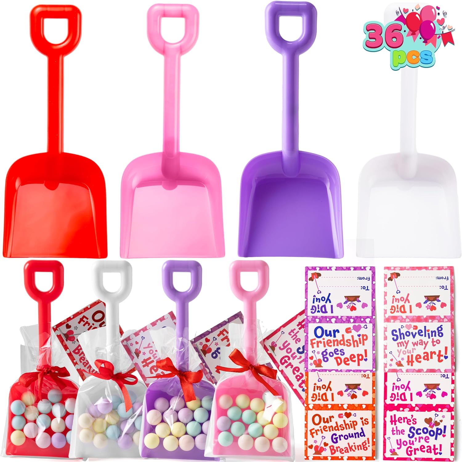 JOYIN 36 PCS Valentine Plastic Shovels Toy with Love Tags Gifts Cards, Pink Red White Plastic Sand Shovels for Kids, Valentine' Party Favor, Valentine' Classroom Exchange