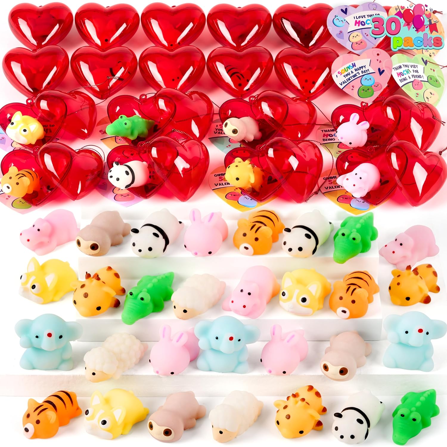 JOYIN 30 Packs Valentines Day Heart Gift Cards with Mix Critter Mochi squishy toys and Heart Shells, Stress Relief Fidget Toys, Squeeze Toys for Kids Valentines Party Favors and Classroom Exchange