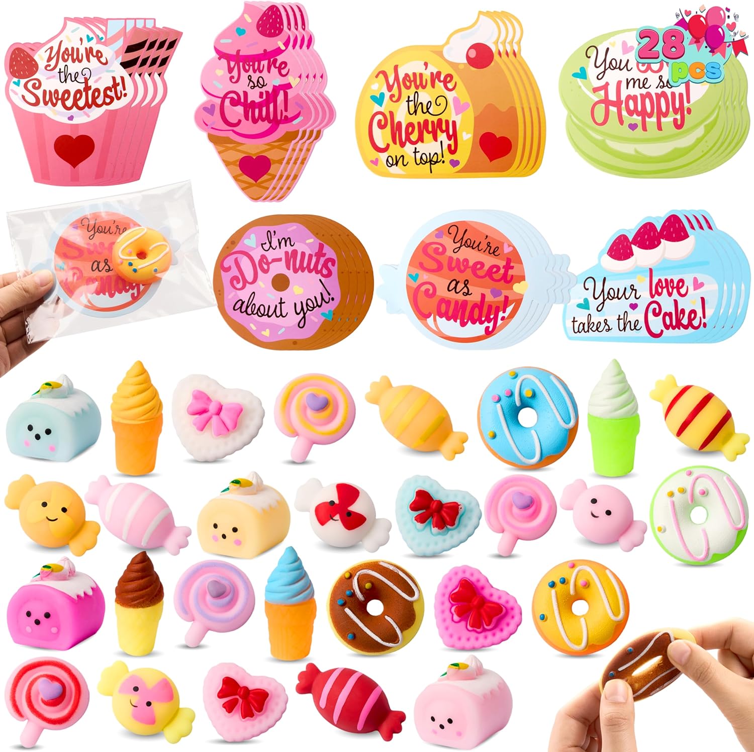 JOYIN 28 Packs Valentines Day Gift Cards with Candy Mochi Squishy Toys, Stress Relief Fidget Toys, Cute Squeeze Toys for Kids Valentine' Party Favors, Classroom Gift Exchange and School Reward