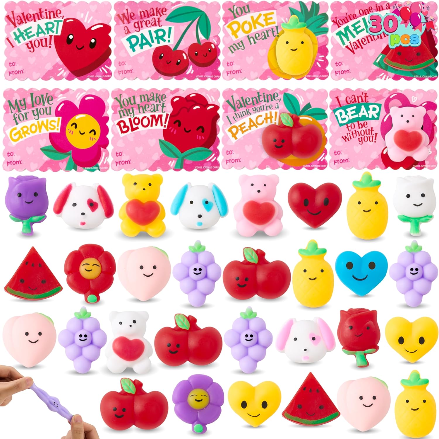 JOYIN 30 Packs Valentines Day Gift Cards with Fruit Mochi Squishy Toys, Stress Relief Fidget Toys, Cartoon Squeeze Toys for Kids Valentine' Party Favors, Classroom School Exchange and Game Prize