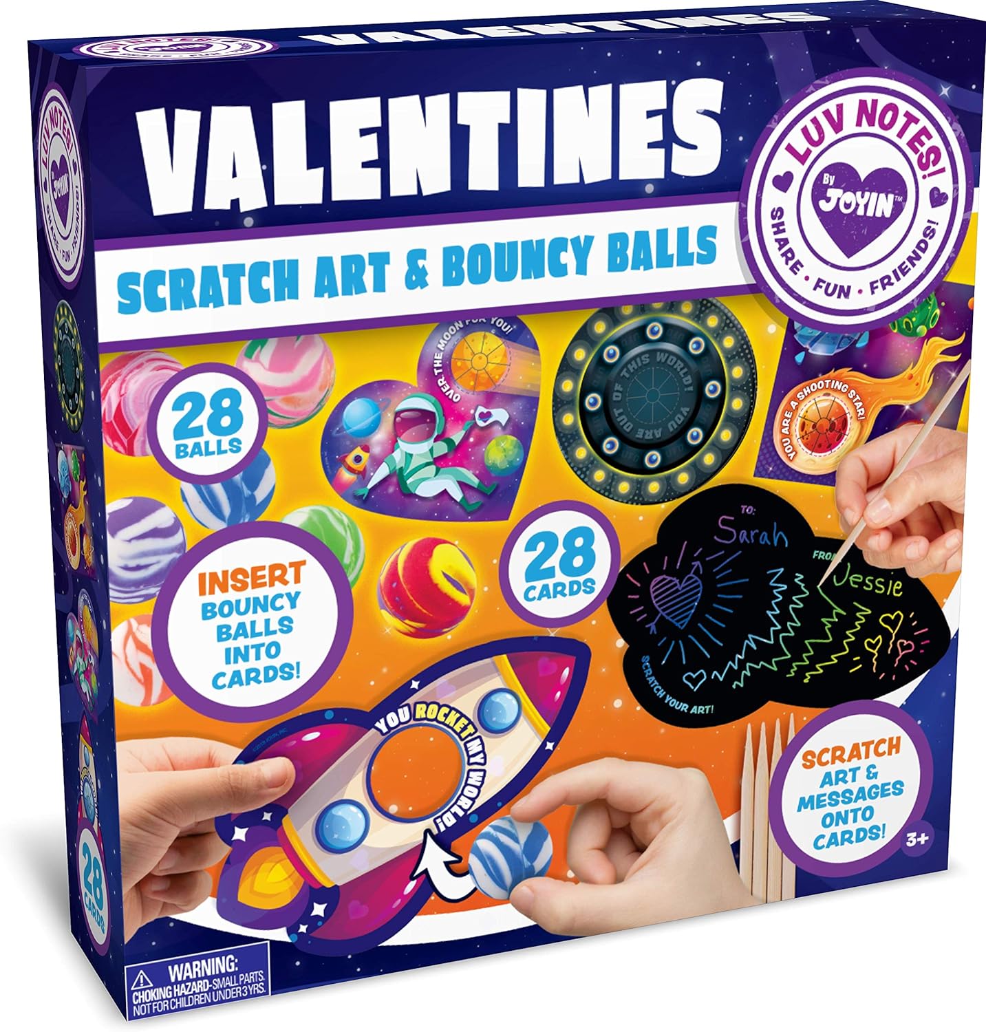 JOYIN 28 Packs Valentines Day Marble Bouncing Balls with Scratch Magic Cards and Gifts Cards for Kids, Valentine' Greeting Cards Valentine Classroom Exchange Party Favor Toy