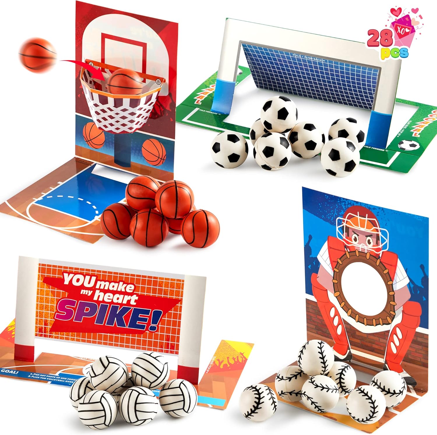 JOYIN 28 PCS Valentines Day Cards with Soccer Football Volleyball Basketball for Kids Valentine' Classroom Exchange, Valentine' Party Favors, Valentines Day Games Toys, Sports Game Cards